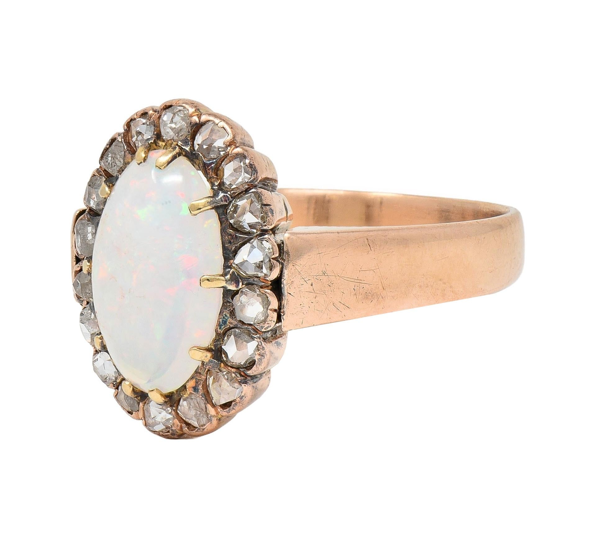 Victorian Opal Rose Cut Diamond 14 Karat Rose Gold Antique Halo Ring