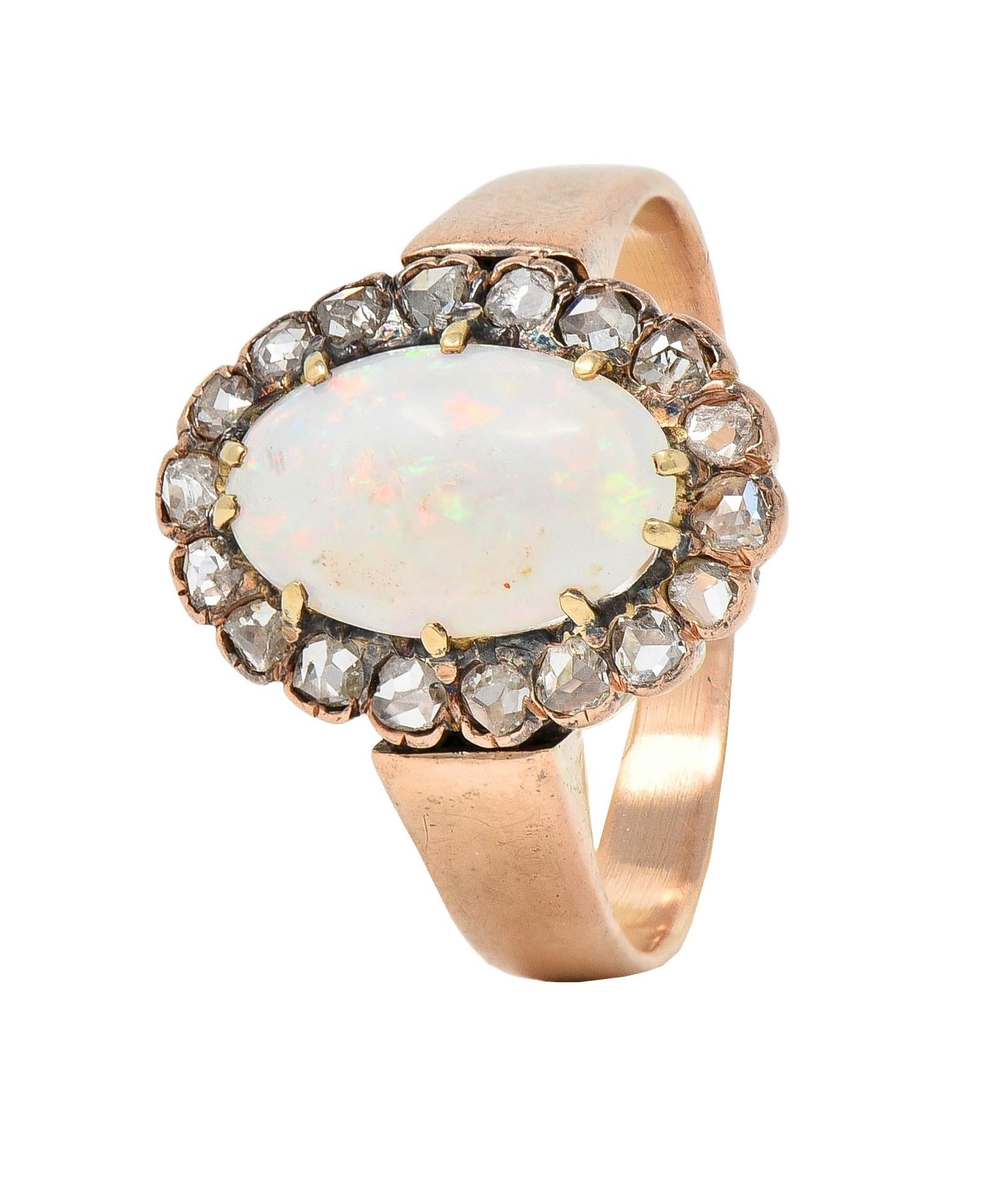 Victorian Opal Rose Cut Diamond 14 Karat Rose Gold Antique Halo Ring