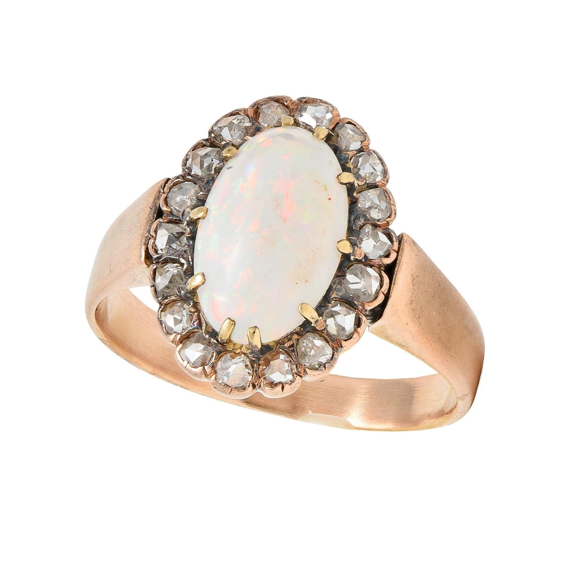Victorian Opal Rose Cut Diamond 14 Karat Rose Gold Antique Halo Ring