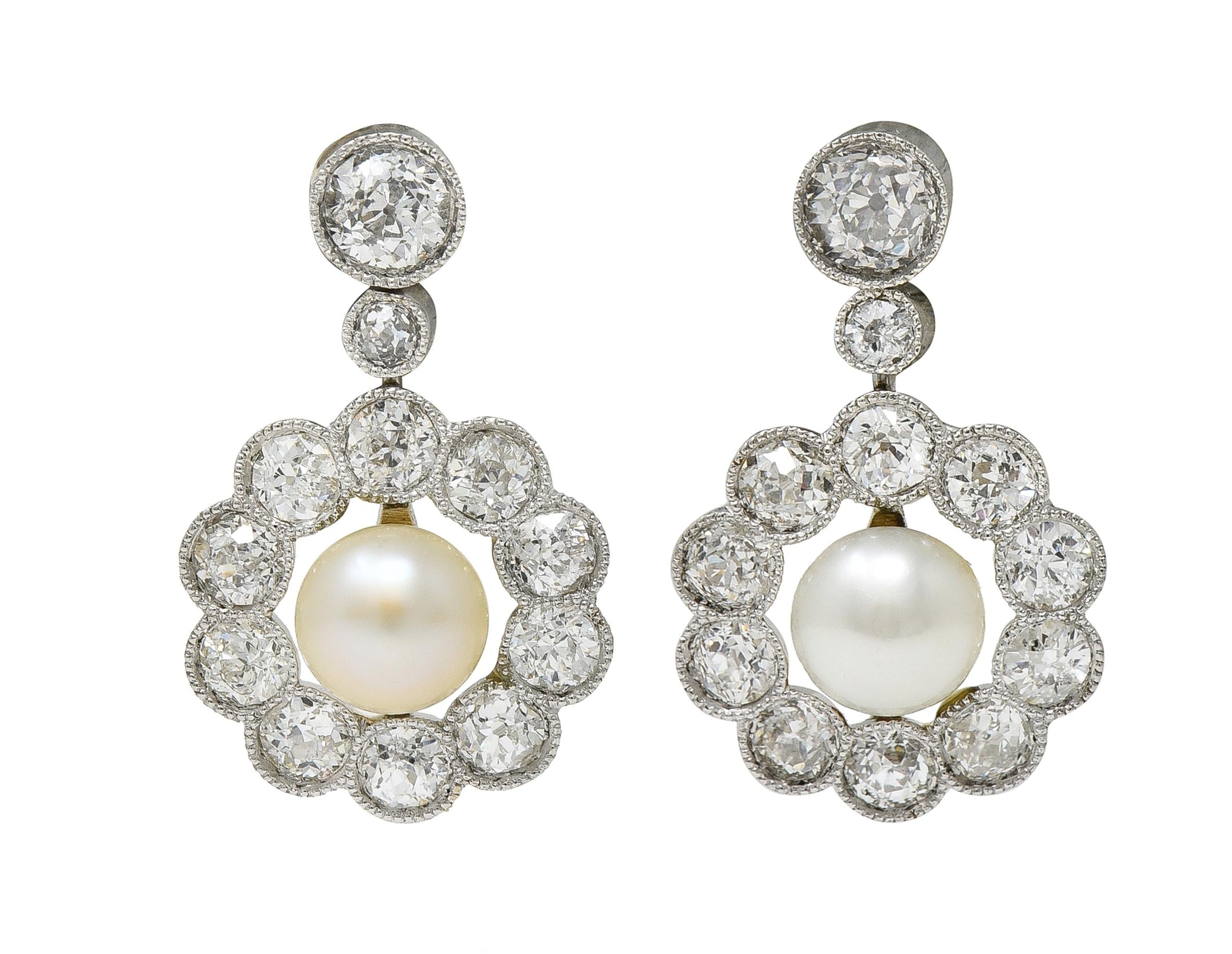 Art Deco 2.16 CTW Diamond Pearl Platinum Vintage Halo Drop Earrings