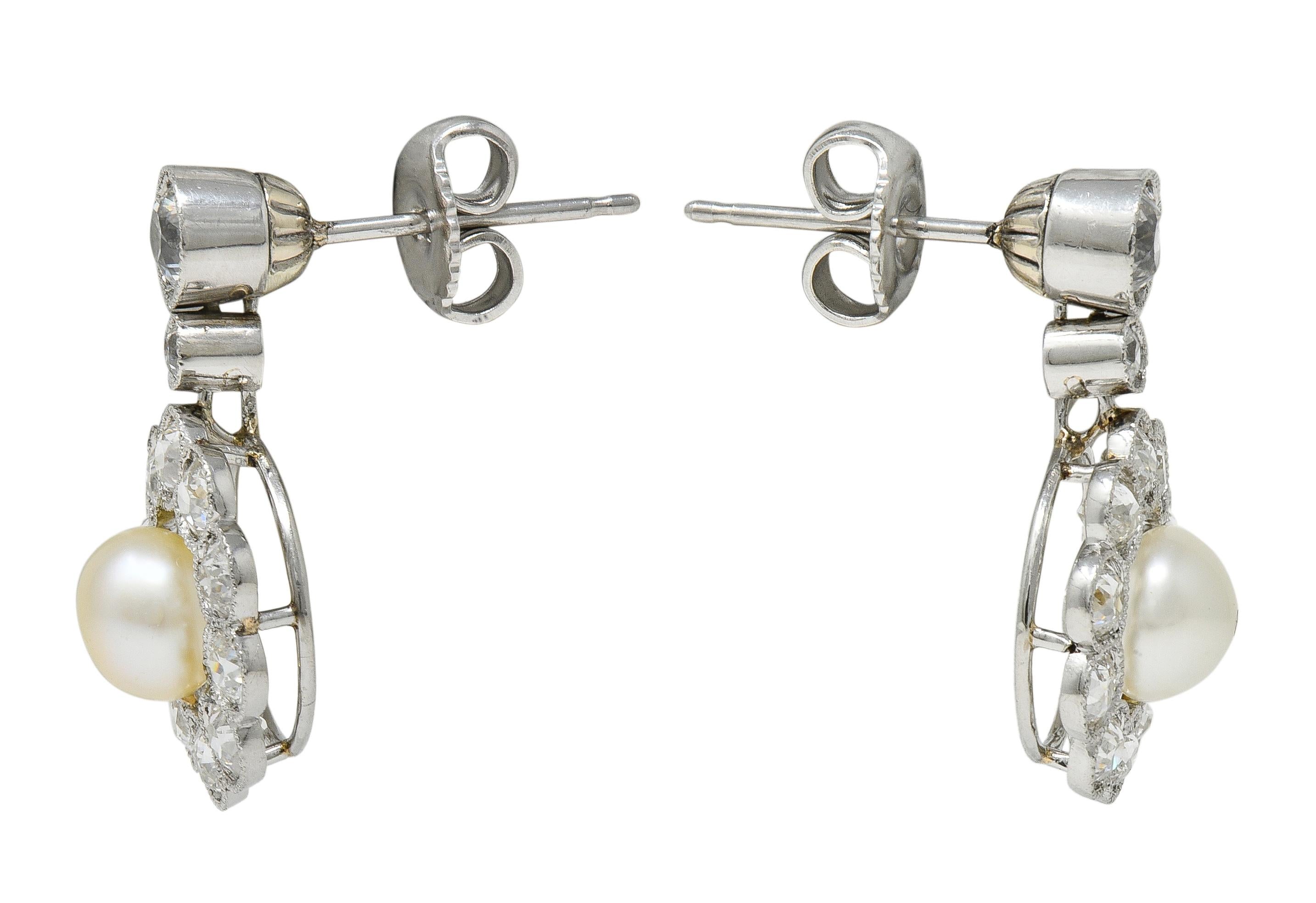 Art Deco 2.16 CTW Diamond Pearl Platinum Vintage Halo Drop Earrings