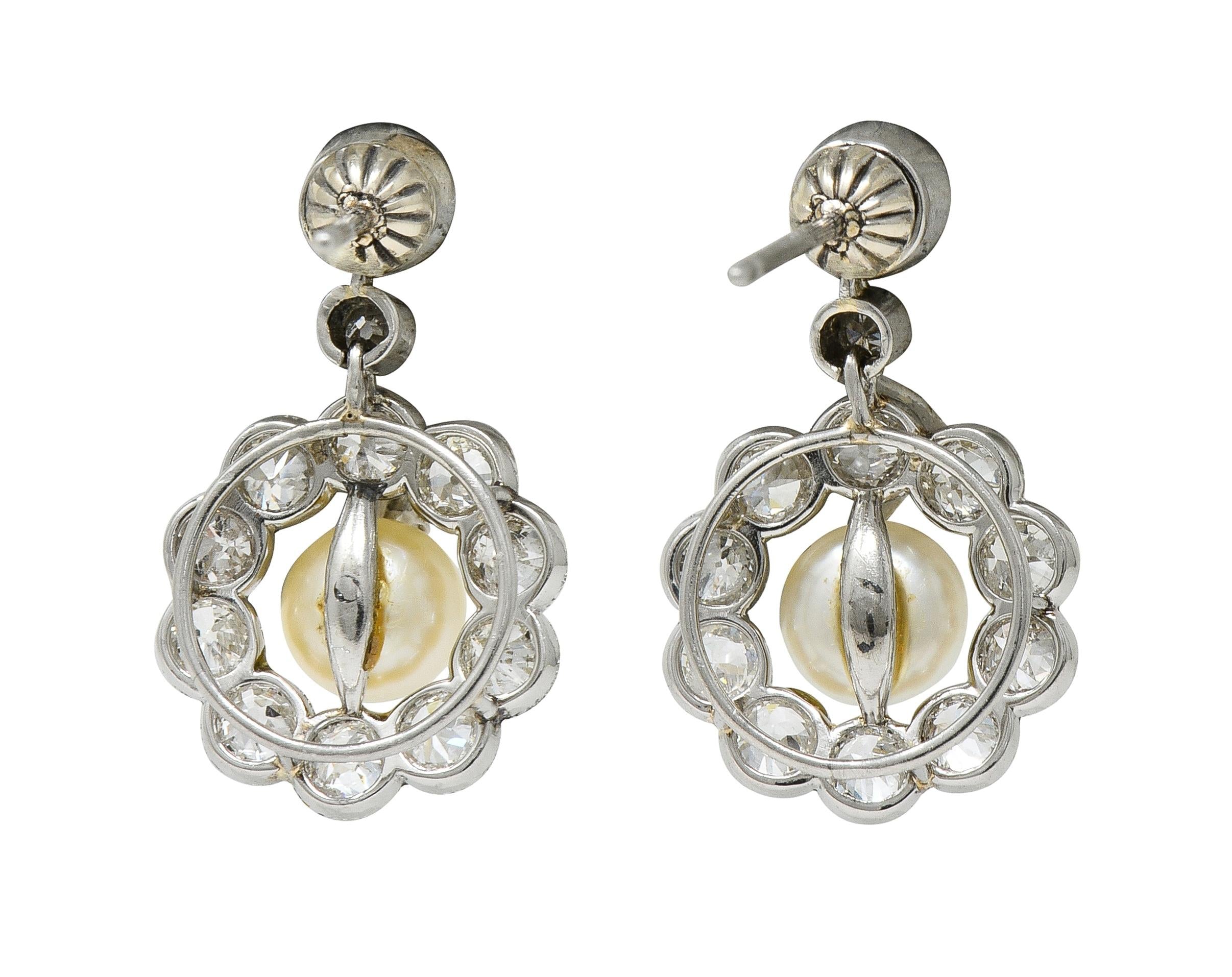 Art Deco 2.16 CTW Diamond Pearl Platinum Vintage Halo Drop Earrings