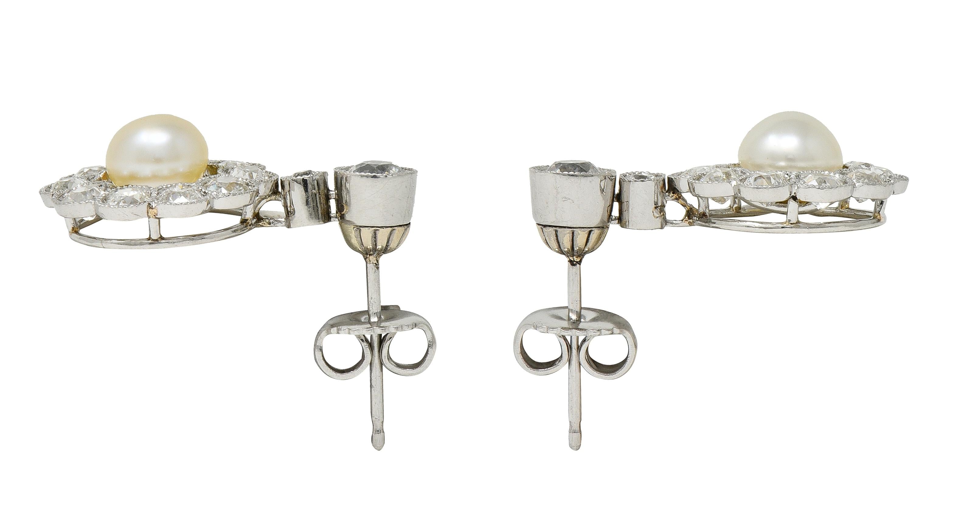 Art Deco 2.16 CTW Diamond Pearl Platinum Vintage Halo Drop Earrings