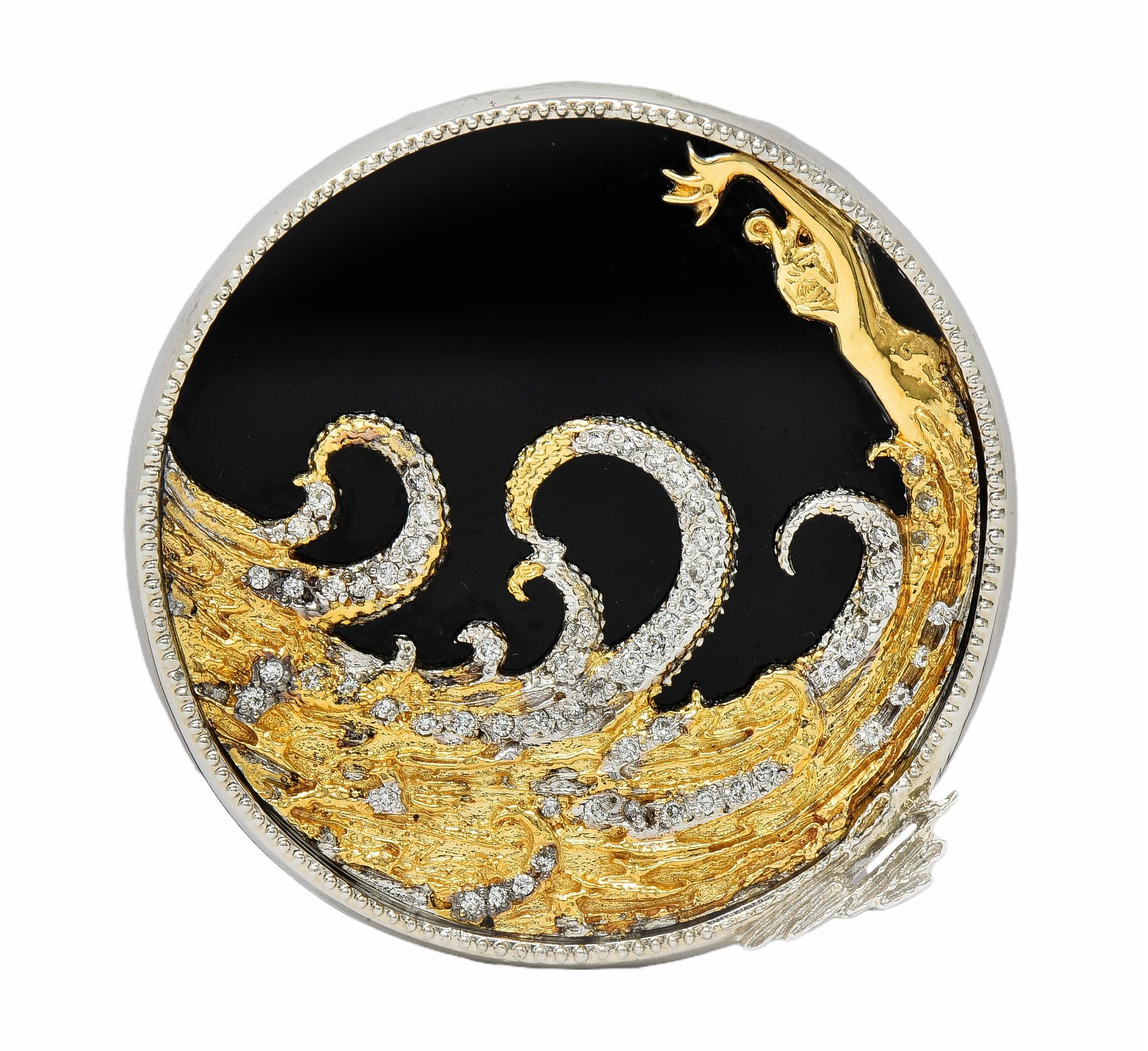 Erte 1980's Diamond Onyx 14 Karat Yellow Gold Silver Aphrodite Brooch Necklace