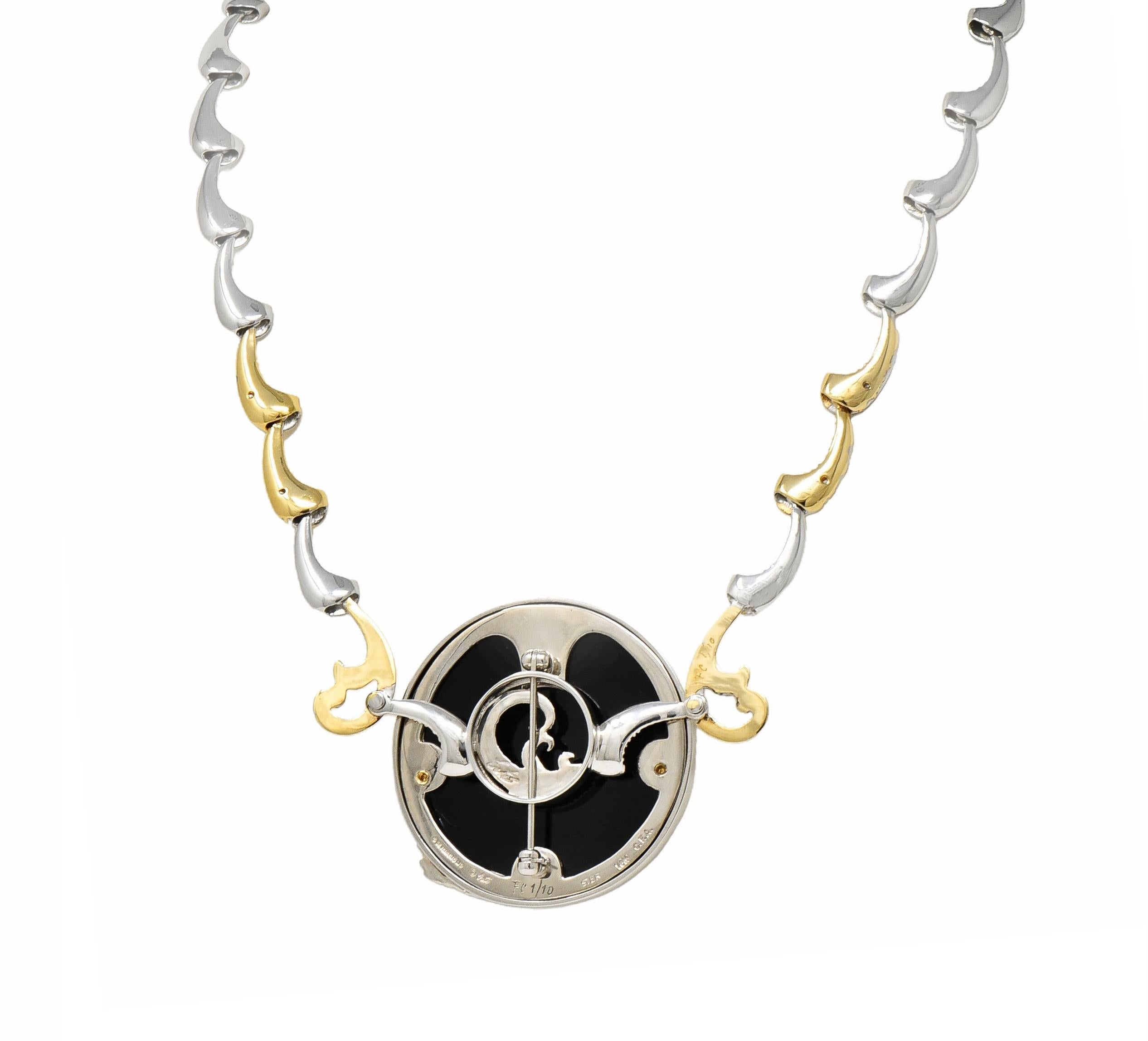 Erte 1980's Diamond Onyx 14 Karat Yellow Gold Silver Aphrodite Brooch Necklace