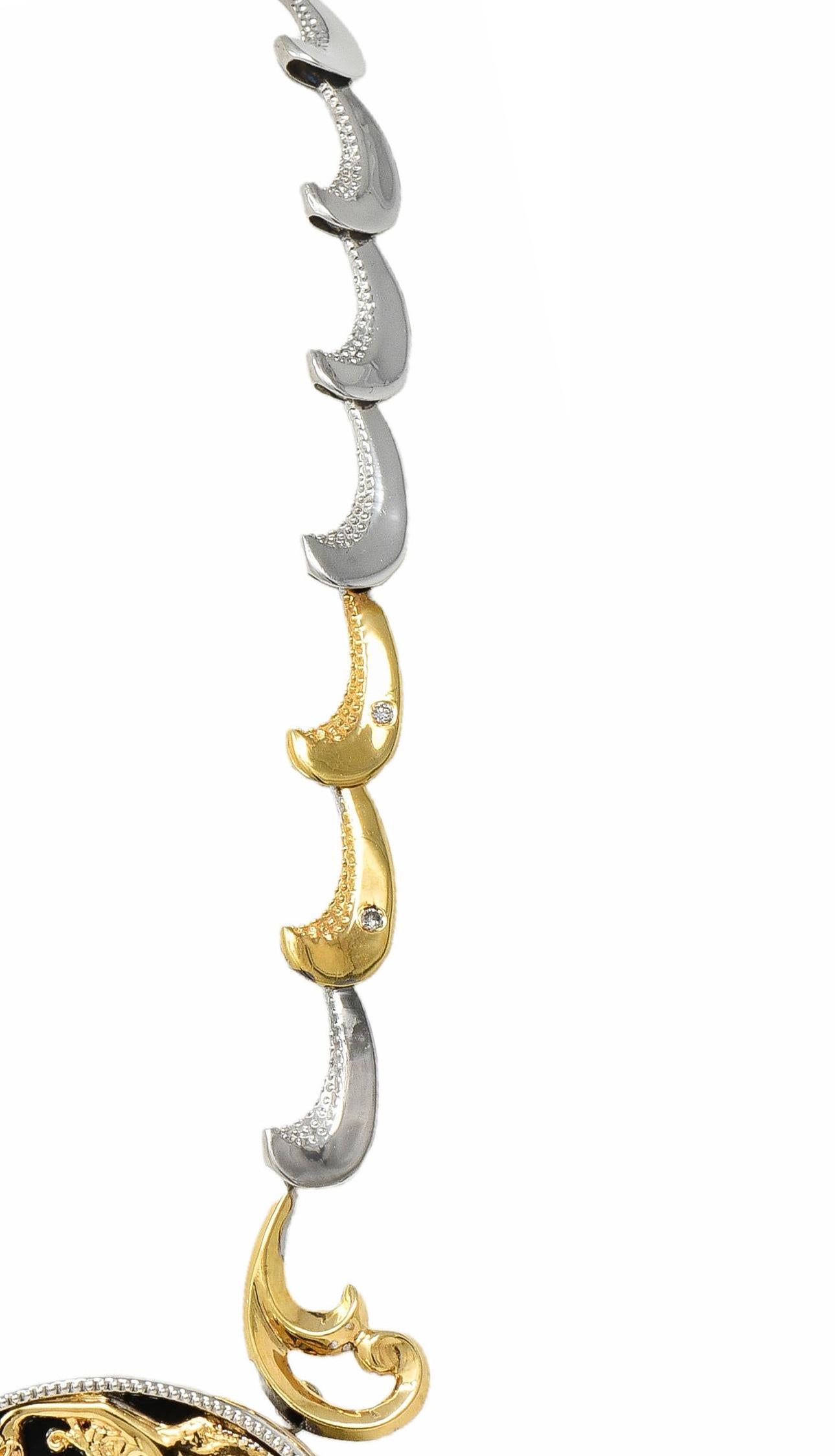 Erte 1980's Diamond Onyx 14 Karat Yellow Gold Silver Aphrodite Brooch Necklace