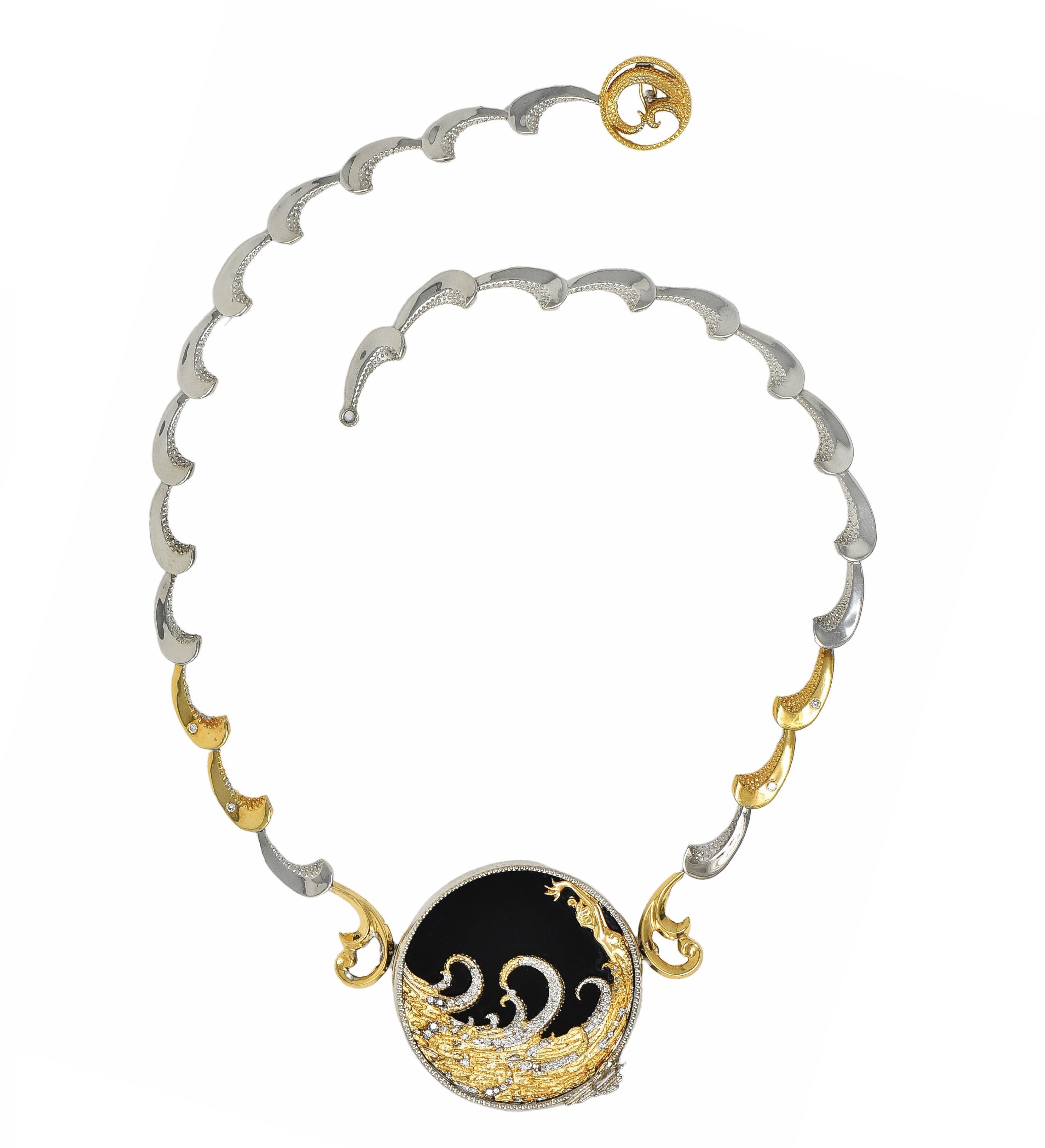 Erte 1980's Diamond Onyx 14 Karat Yellow Gold Silver Aphrodite Brooch Necklace