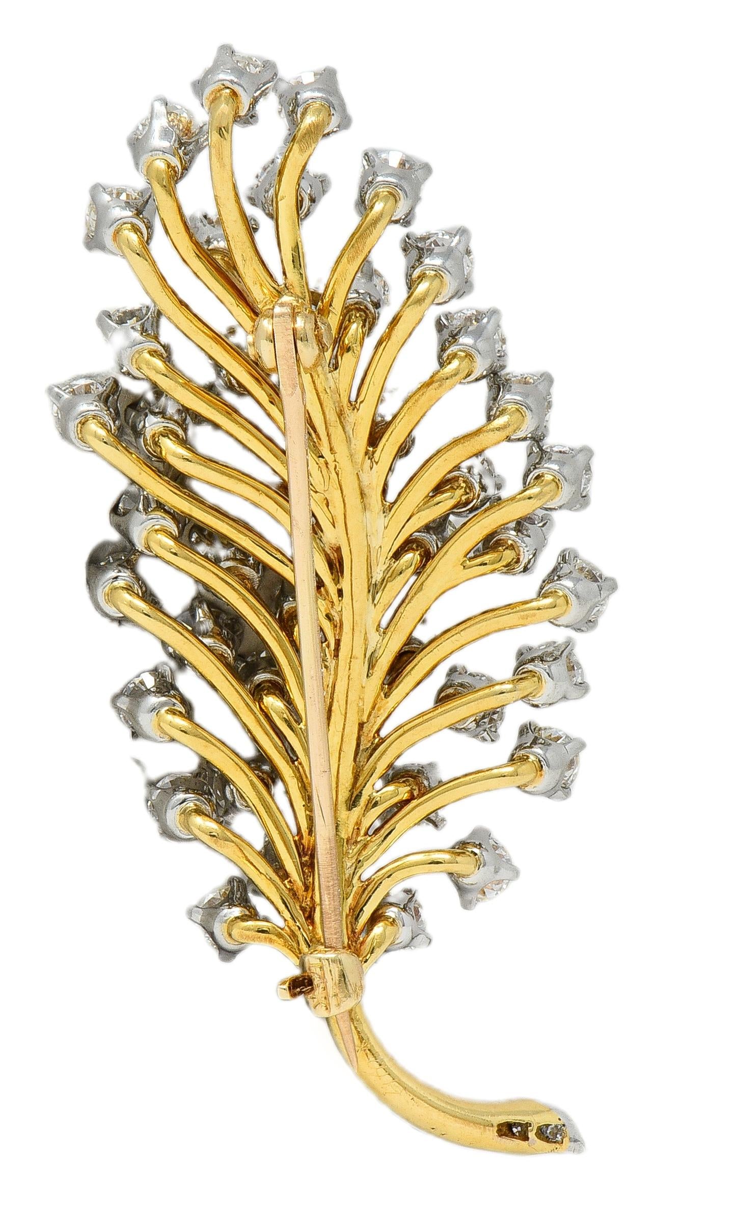 Mid-Century 3.50 CTW Diamond Platinum 18K Gold Vintage Foliate Brooch