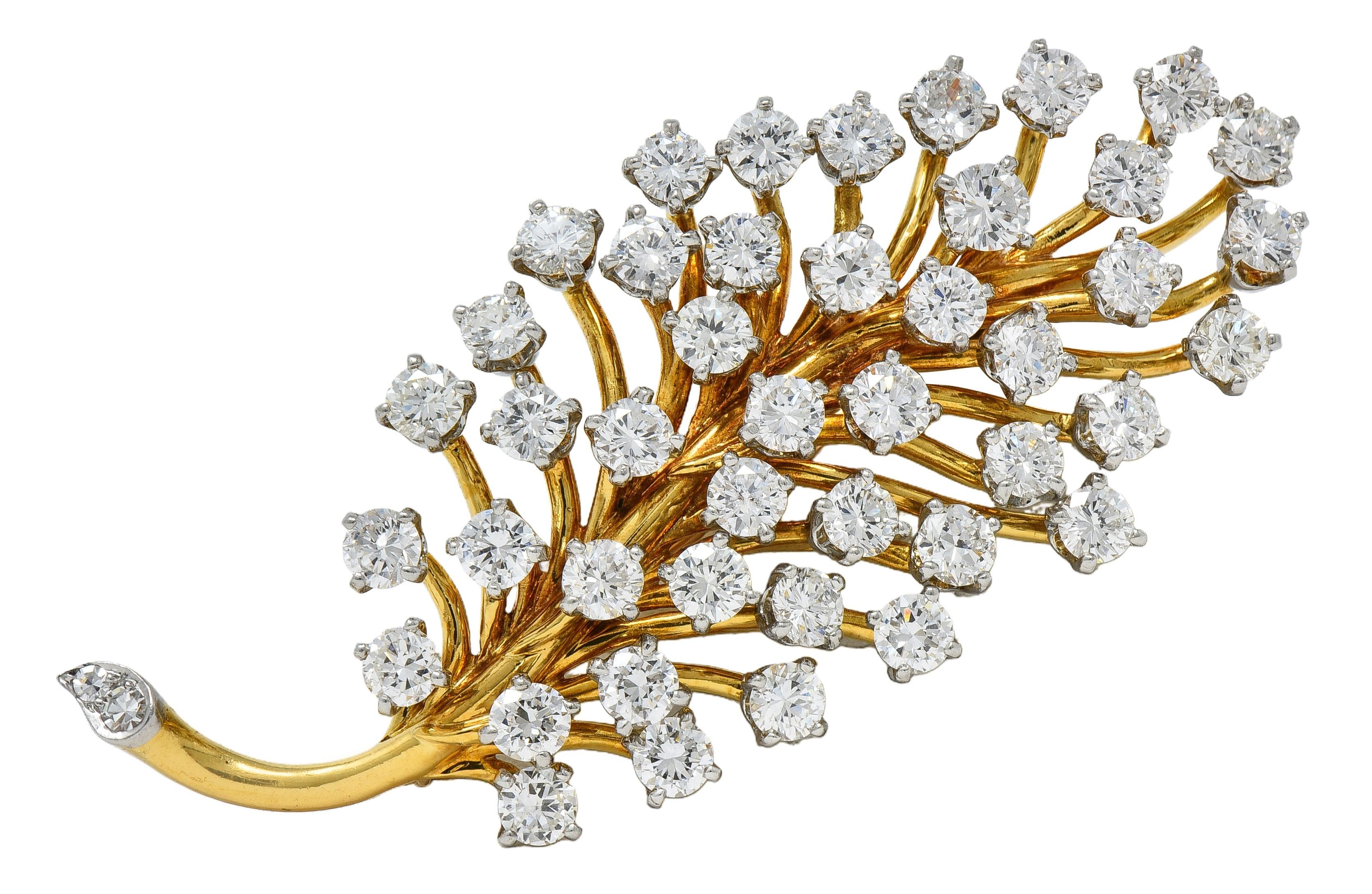 Mid-Century 3.50 CTW Diamond Platinum 18K Gold Vintage Foliate Brooch