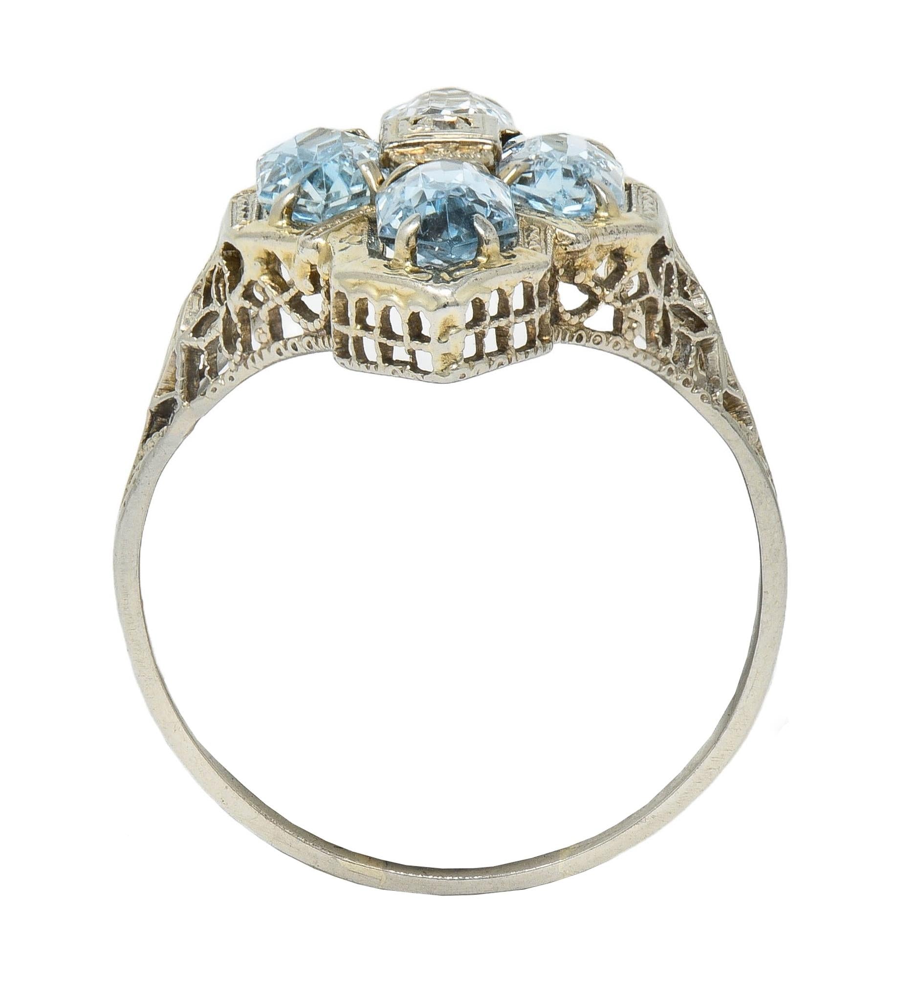 Art Deco 2.80 CTW Aquamarine Diamond 14 Karat White Gold Vintage Navette Ring