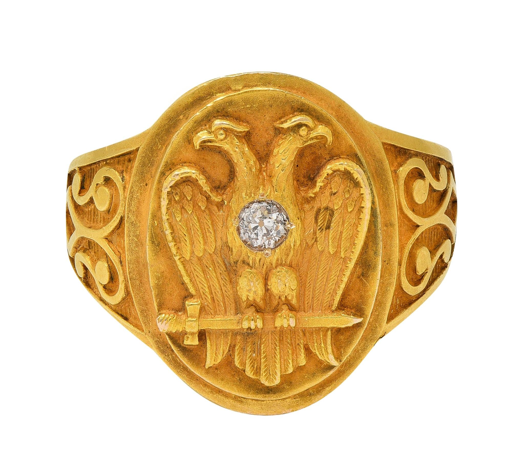 Early Art Deco Diamond 14 Karat Yellow Gold Antique Free Mason Eagle Signet Ring