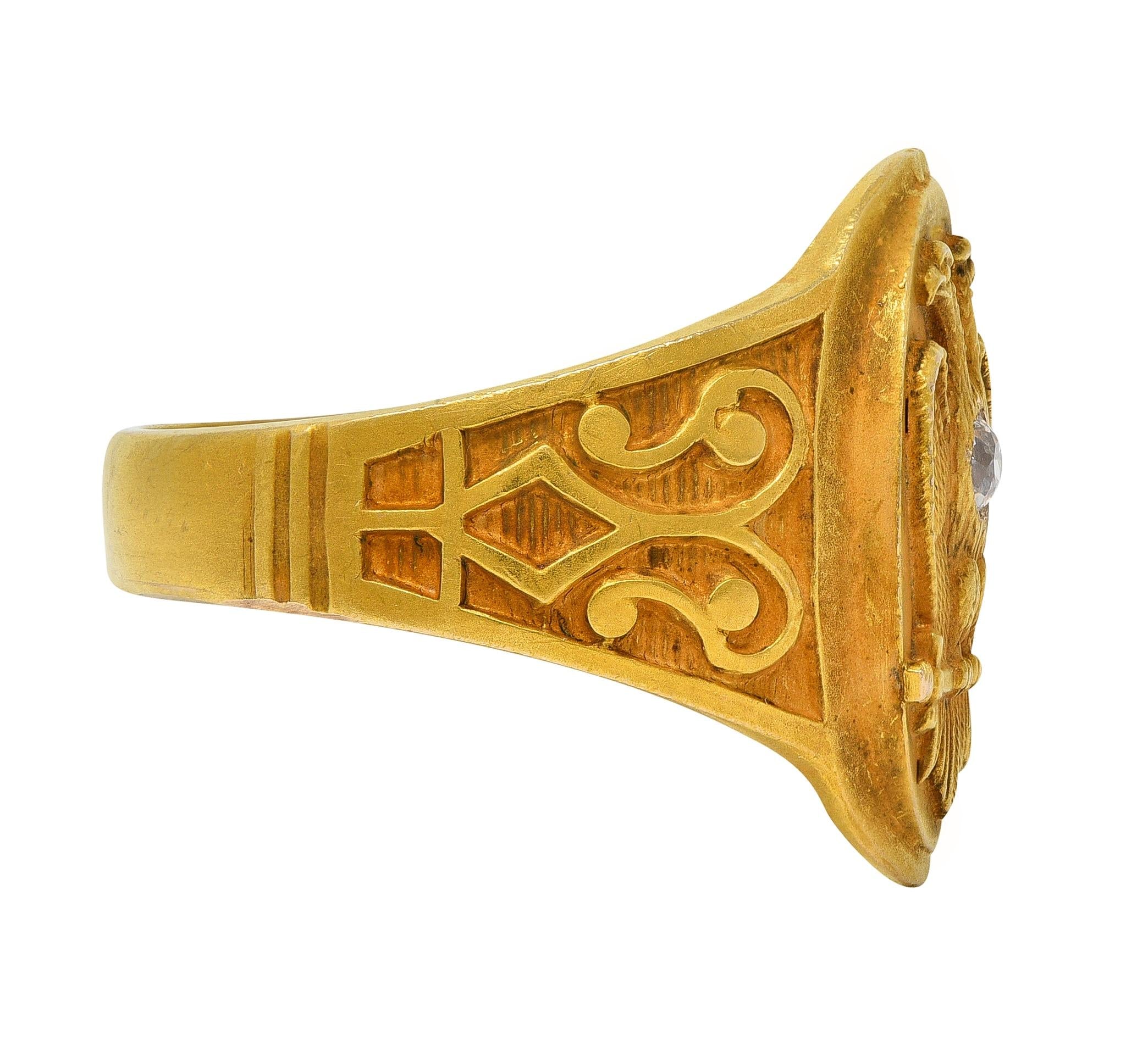 Early Art Deco Diamond 14 Karat Yellow Gold Antique Free Mason Eagle Signet Ring