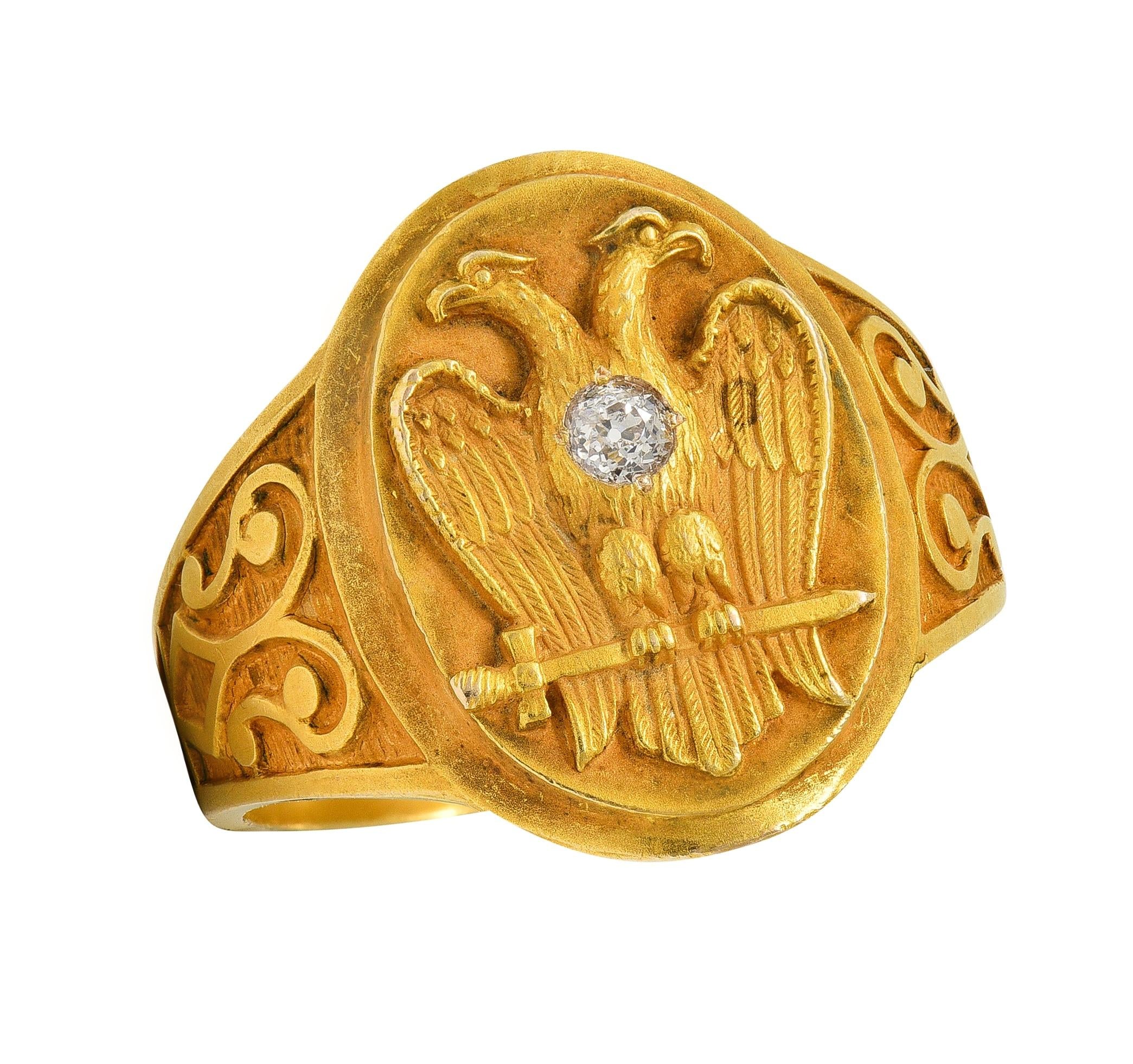 Early Art Deco Diamond 14 Karat Yellow Gold Antique Free Mason Eagle Signet Ring