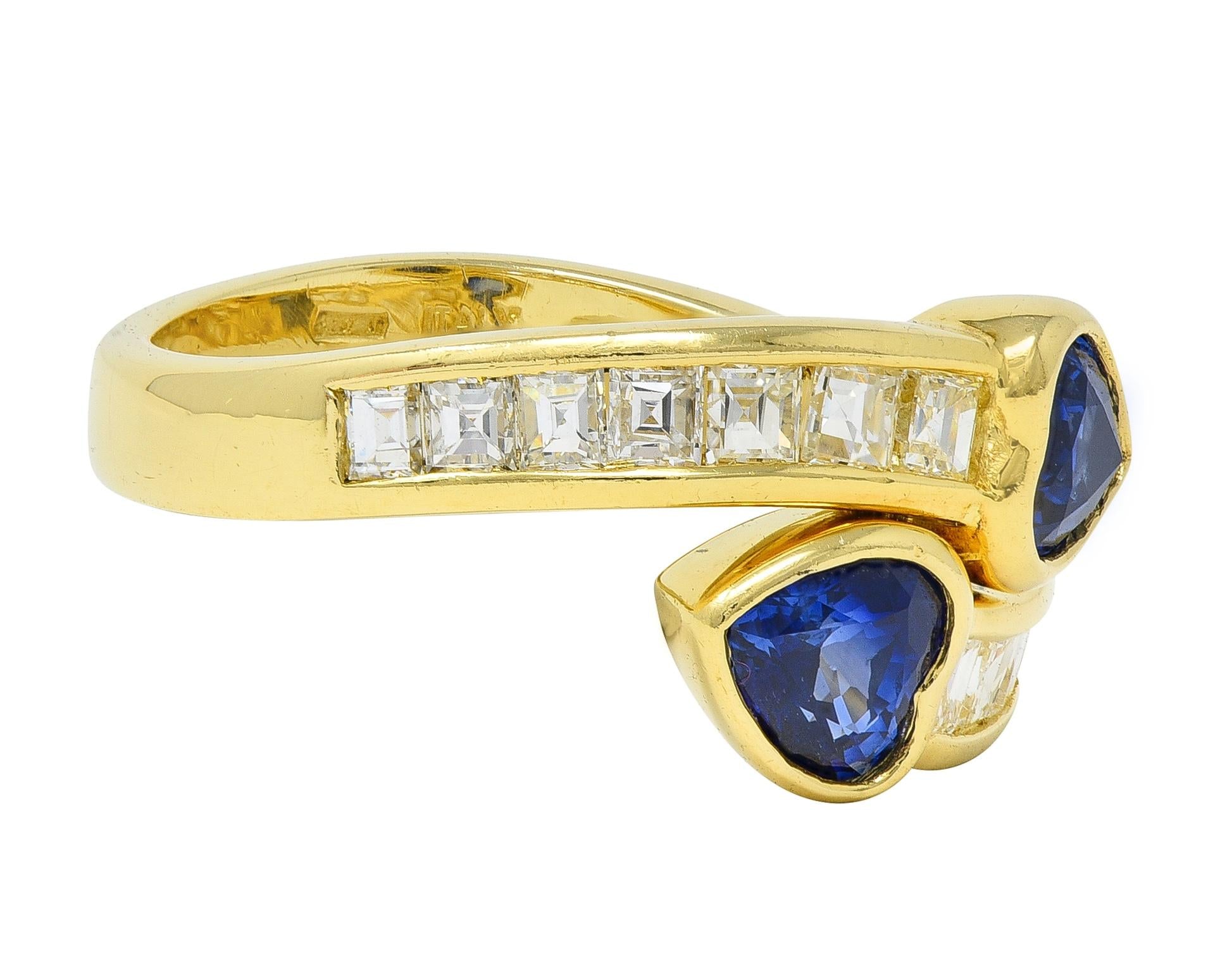1980's Sapphire Diamond 18 Karat Yellow Gold Vintage Heart Bypass Ring