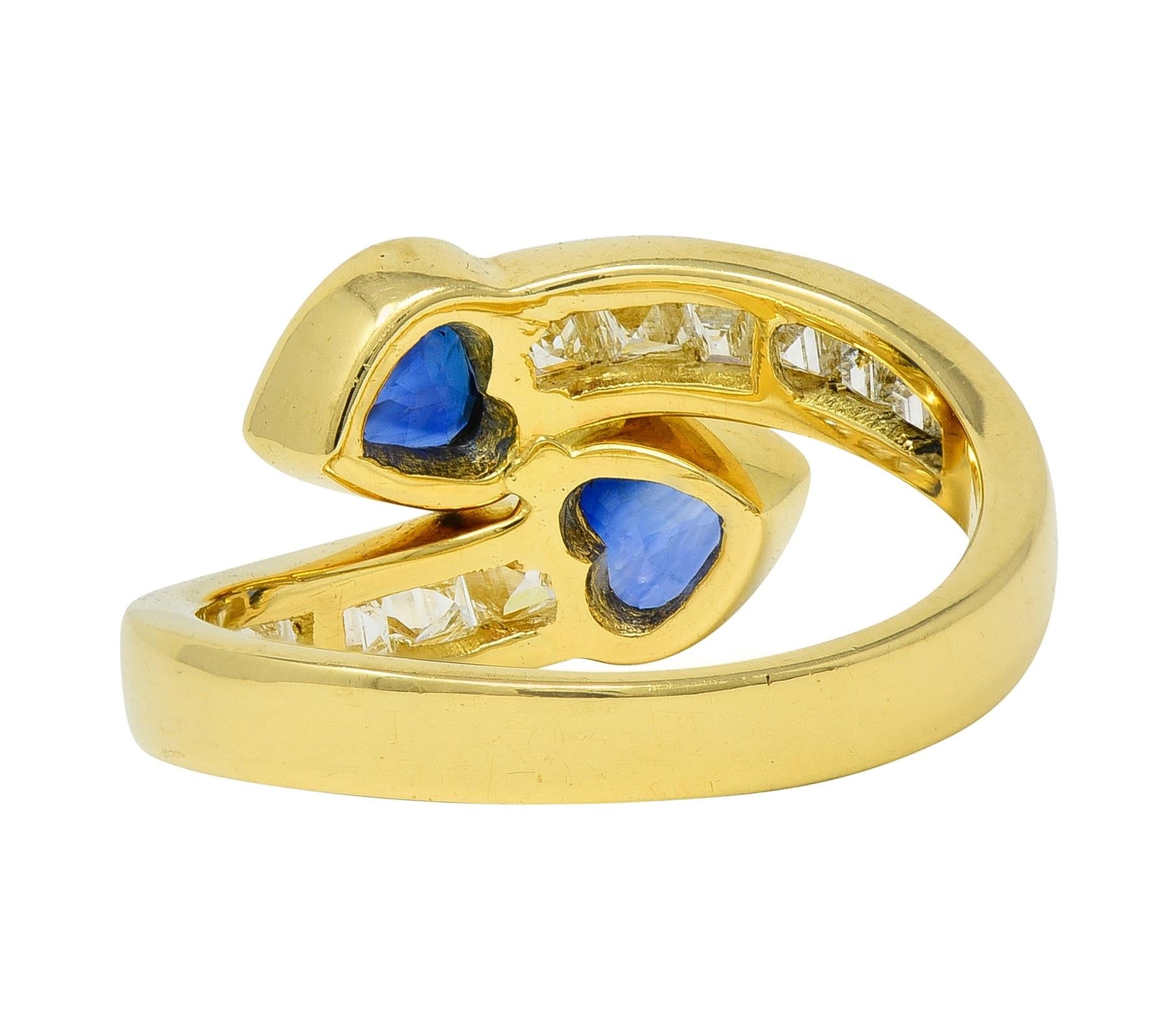 1980's Sapphire Diamond 18 Karat Yellow Gold Vintage Heart Bypass Ring