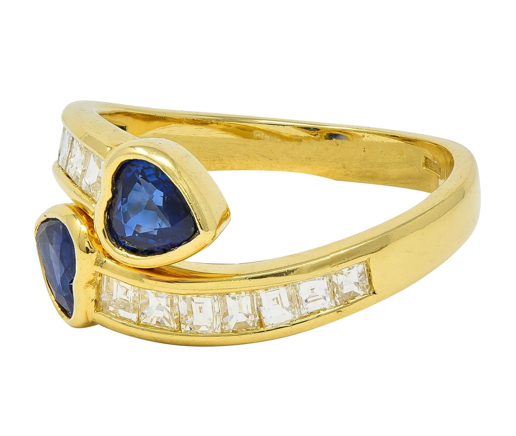 1980's Sapphire Diamond 18 Karat Yellow Gold Vintage Heart Bypass Ring