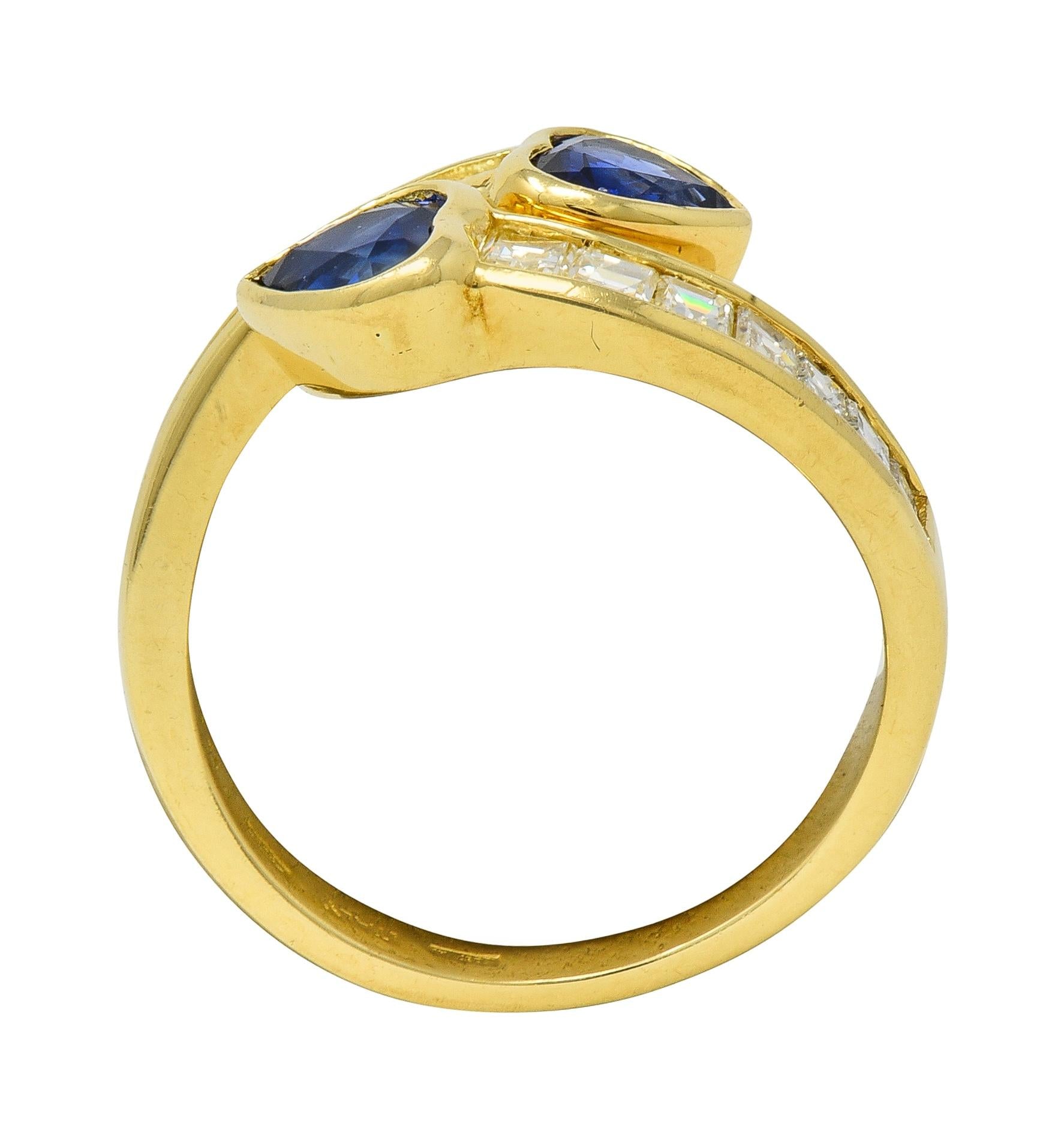 1980's Sapphire Diamond 18 Karat Yellow Gold Vintage Heart Bypass Ring