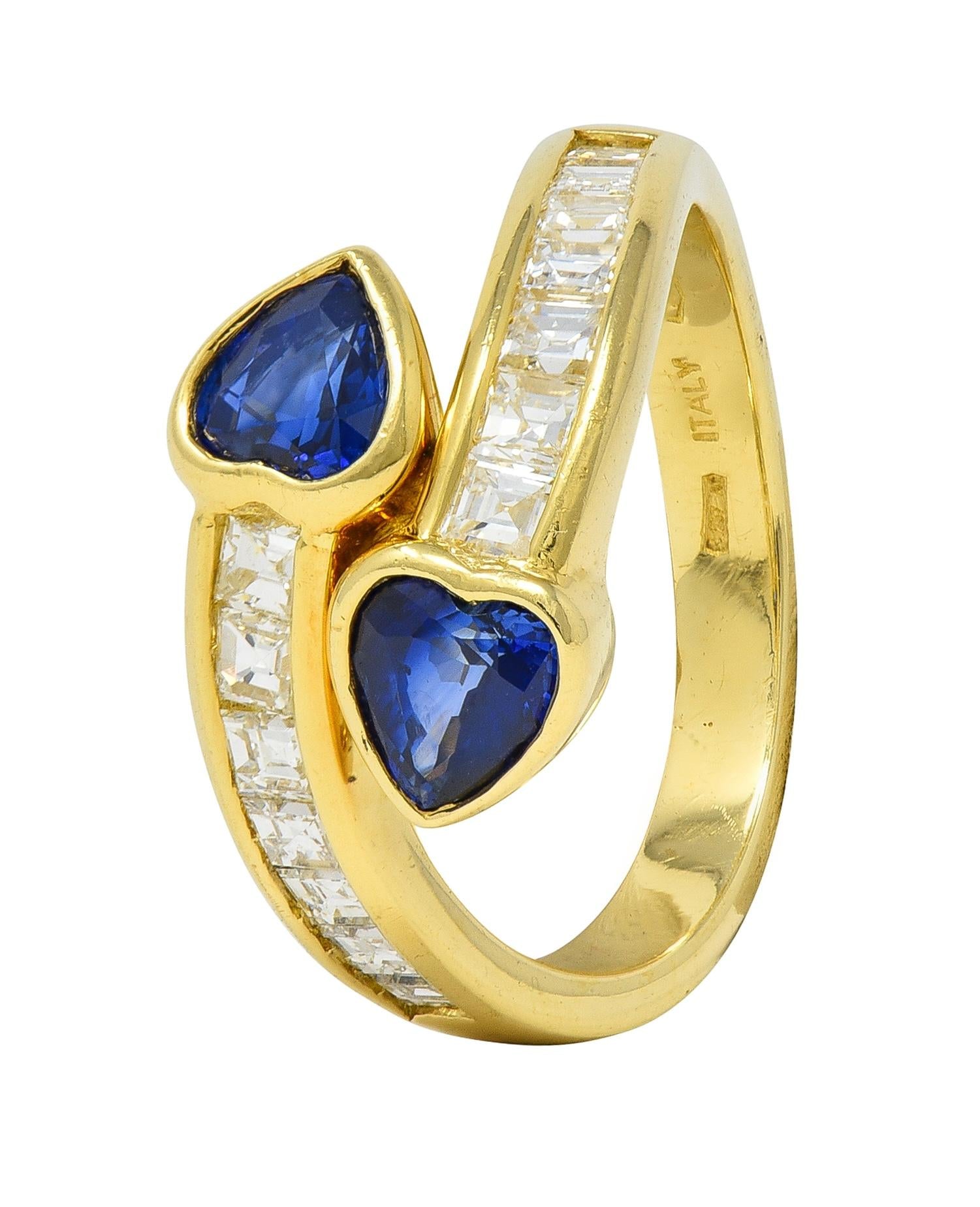 1980's Sapphire Diamond 18 Karat Yellow Gold Vintage Heart Bypass Ring