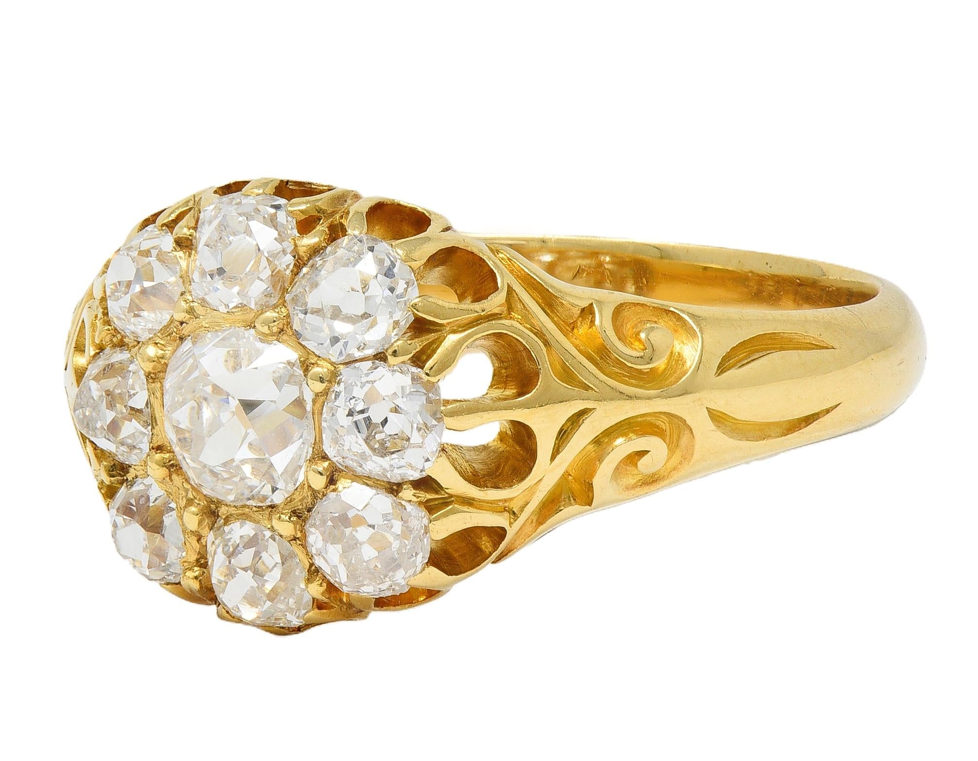 Victorian 1.26 CTW Old Mine Cut Diamond 18K Yellow Gold Antique Cluster Ring