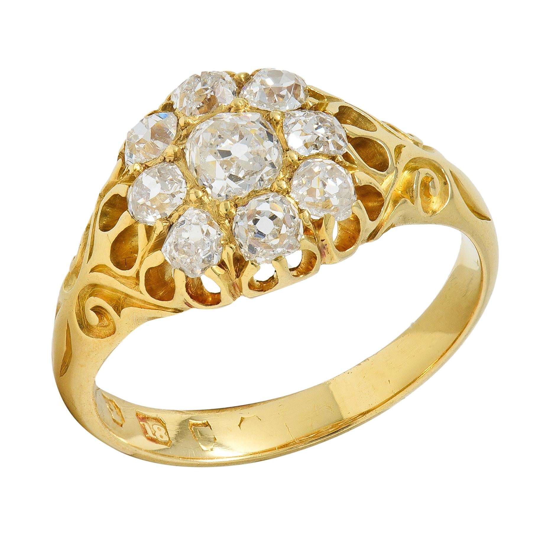 Victorian 1.26 CTW Old Mine Cut Diamond 18K Yellow Gold Antique Cluster Ring