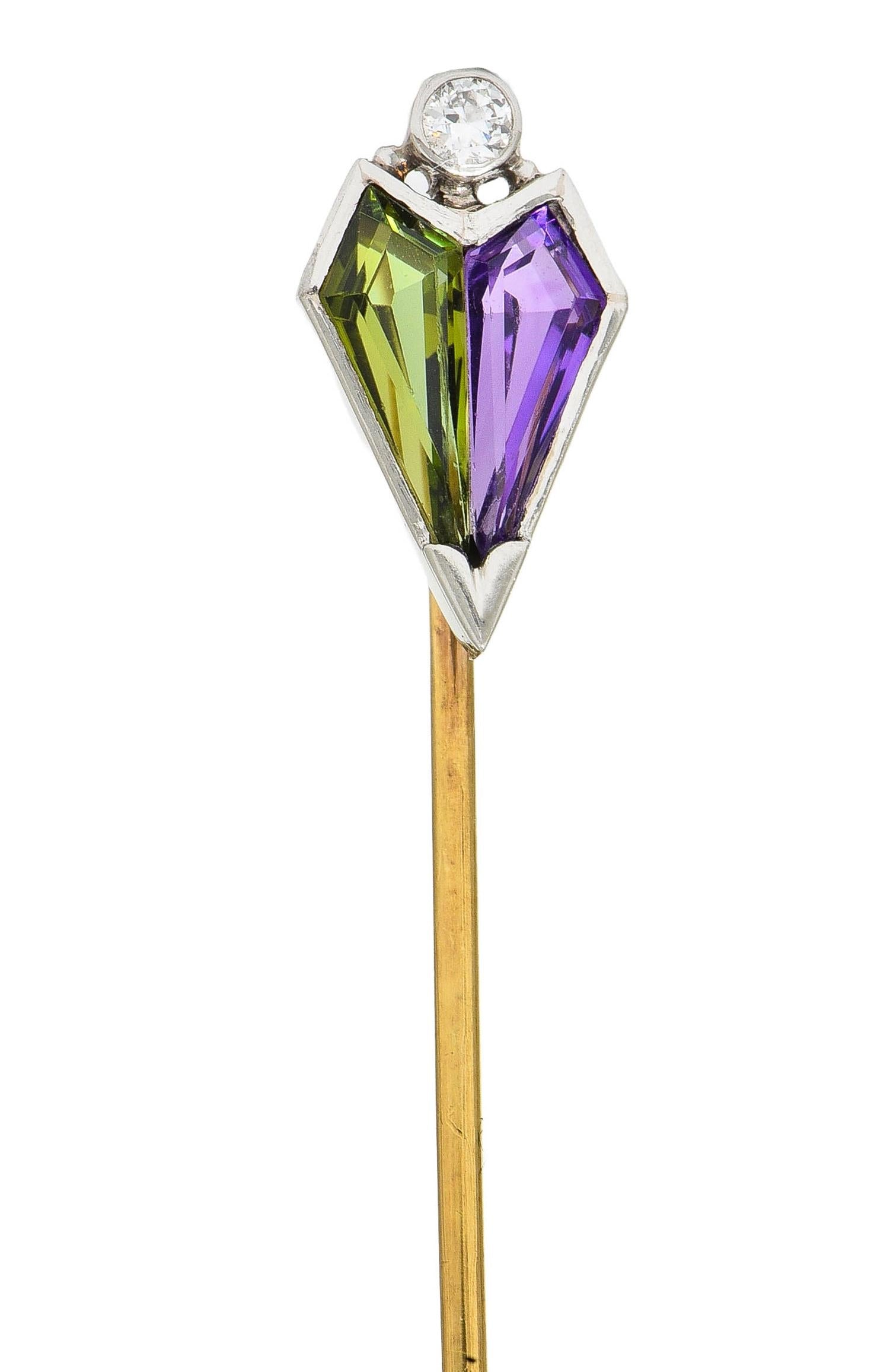 Carter Gough & Co. Art Deco Diamond Multi-Gem Platinum 14K Gold Antique Stickpin