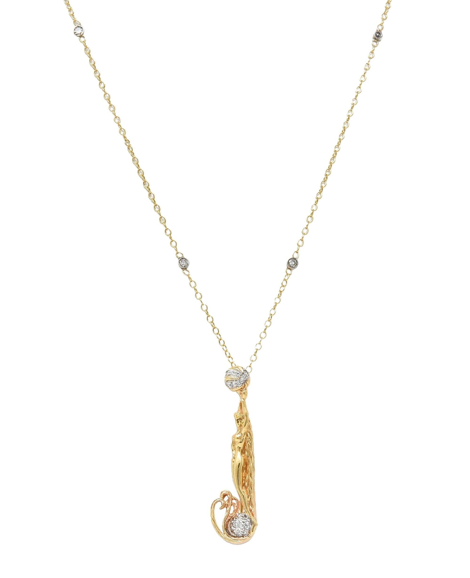 Erté 2002 0.56 CTW Diamond 14K Two-Tone Gold Alphabet J Lady Brooch Necklace