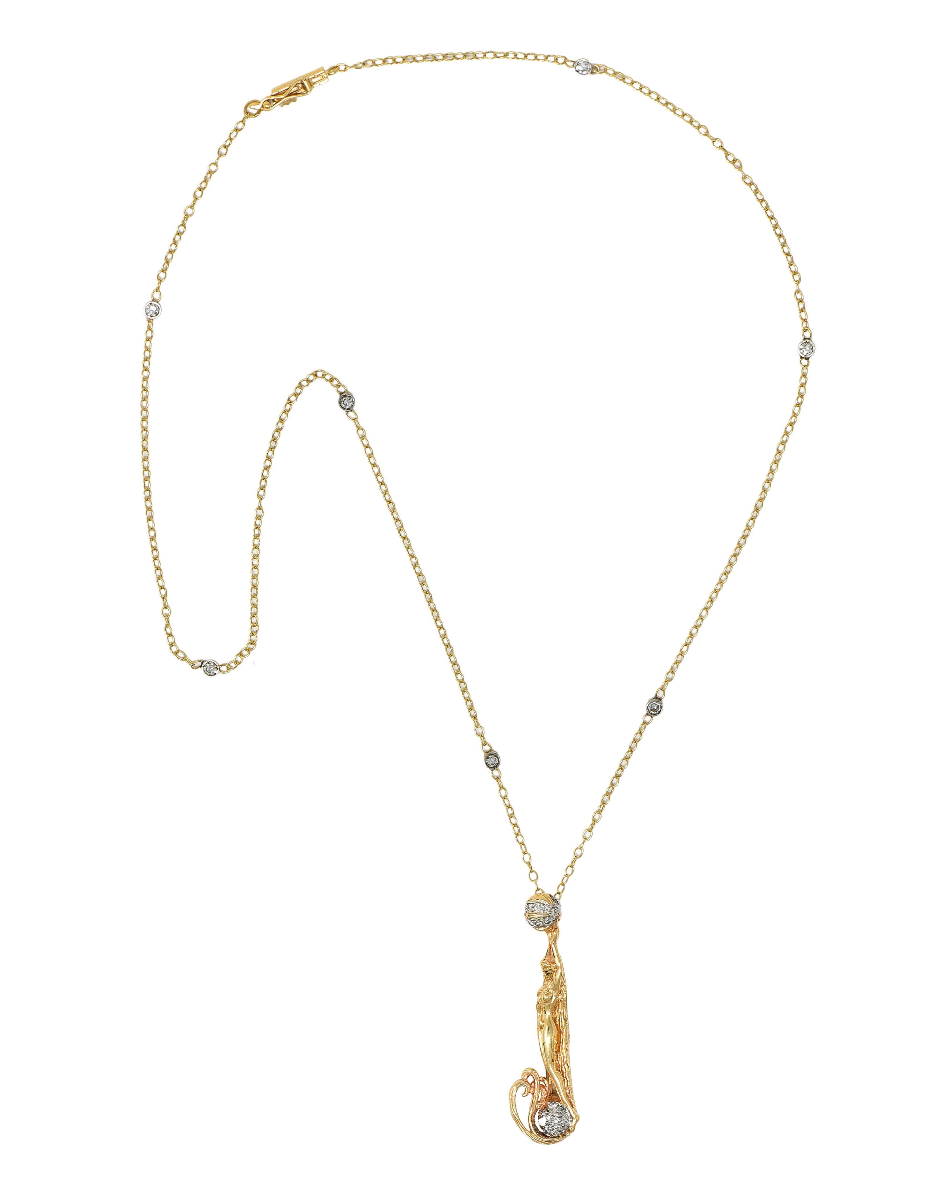 Erté 2002 0.56 CTW Diamond 14K Two-Tone Gold Alphabet J Lady Brooch Necklace