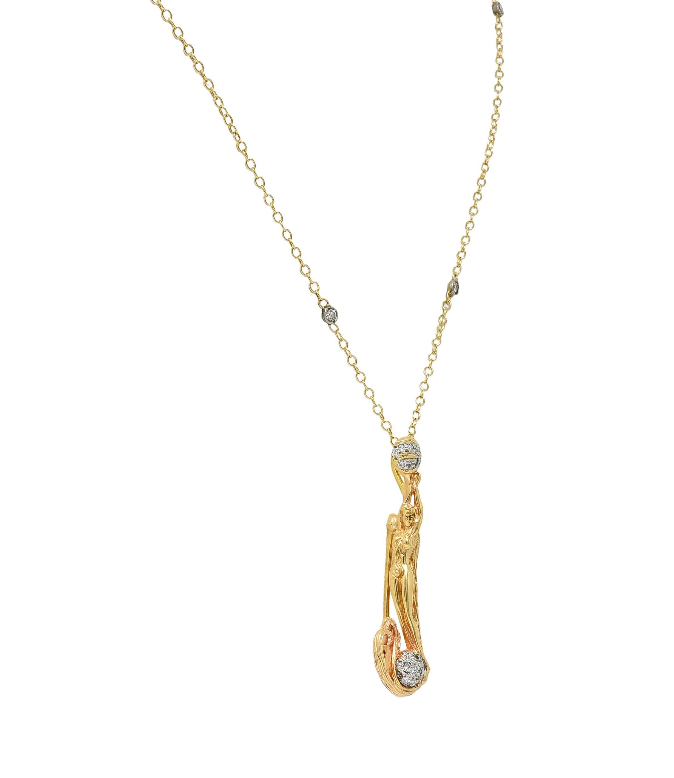 Erté 2002 0.56 CTW Diamond 14K Two-Tone Gold Alphabet J Lady Brooch Necklace