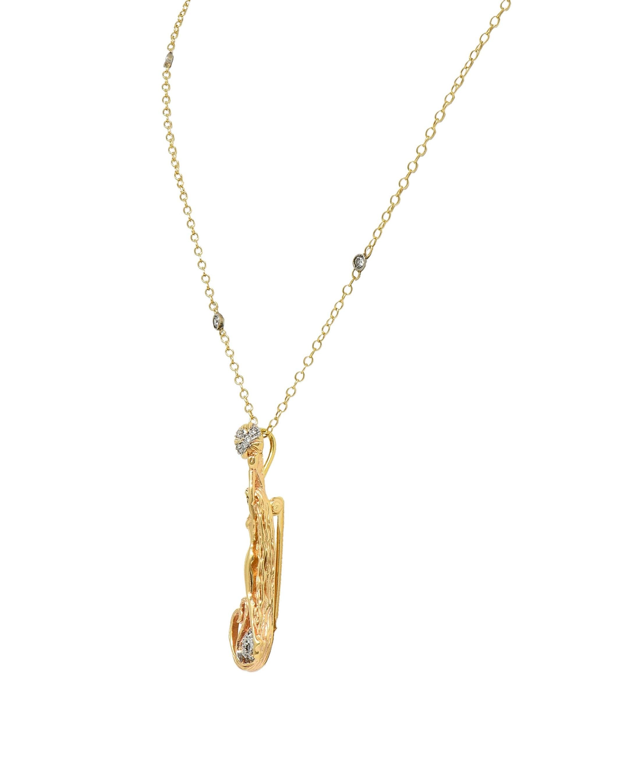 Erté 2002 0.56 CTW Diamond 14K Two-Tone Gold Alphabet J Lady Brooch Necklace