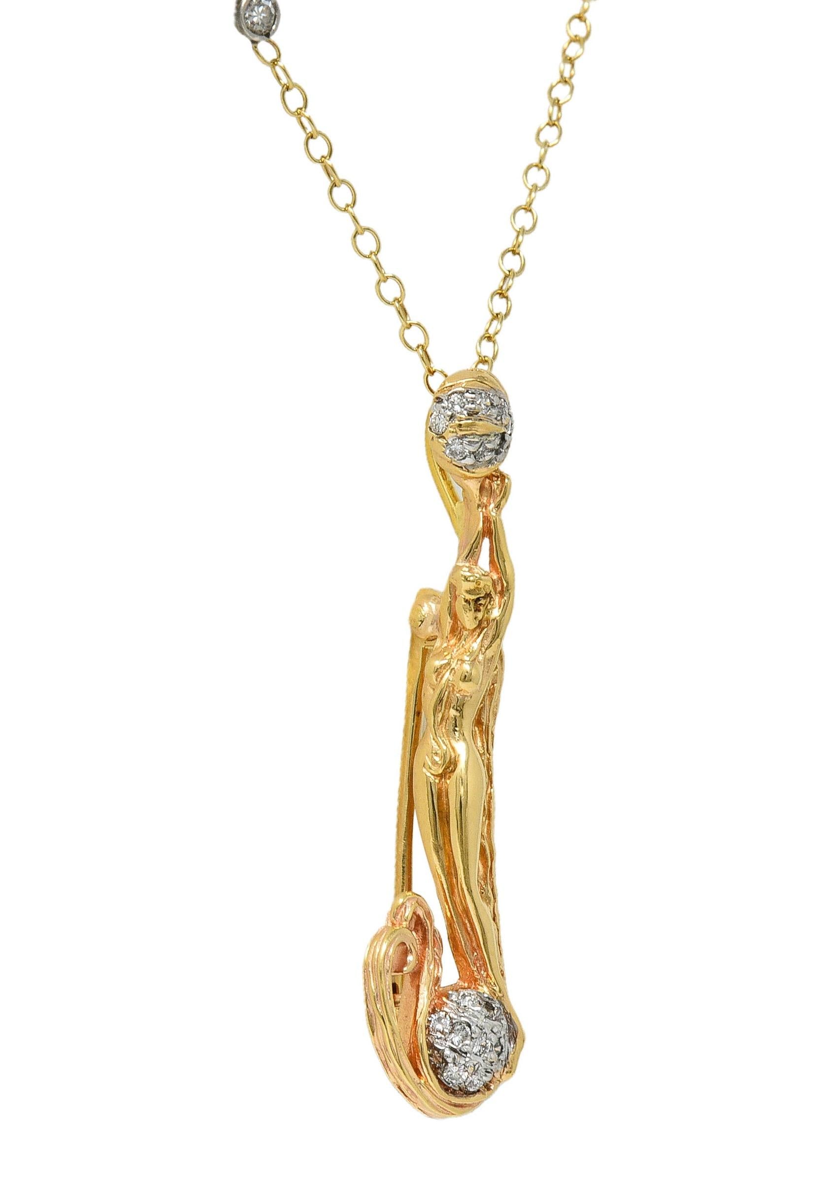 Erté 2002 0.56 CTW Diamond 14K Two-Tone Gold Alphabet J Lady Brooch Necklace
