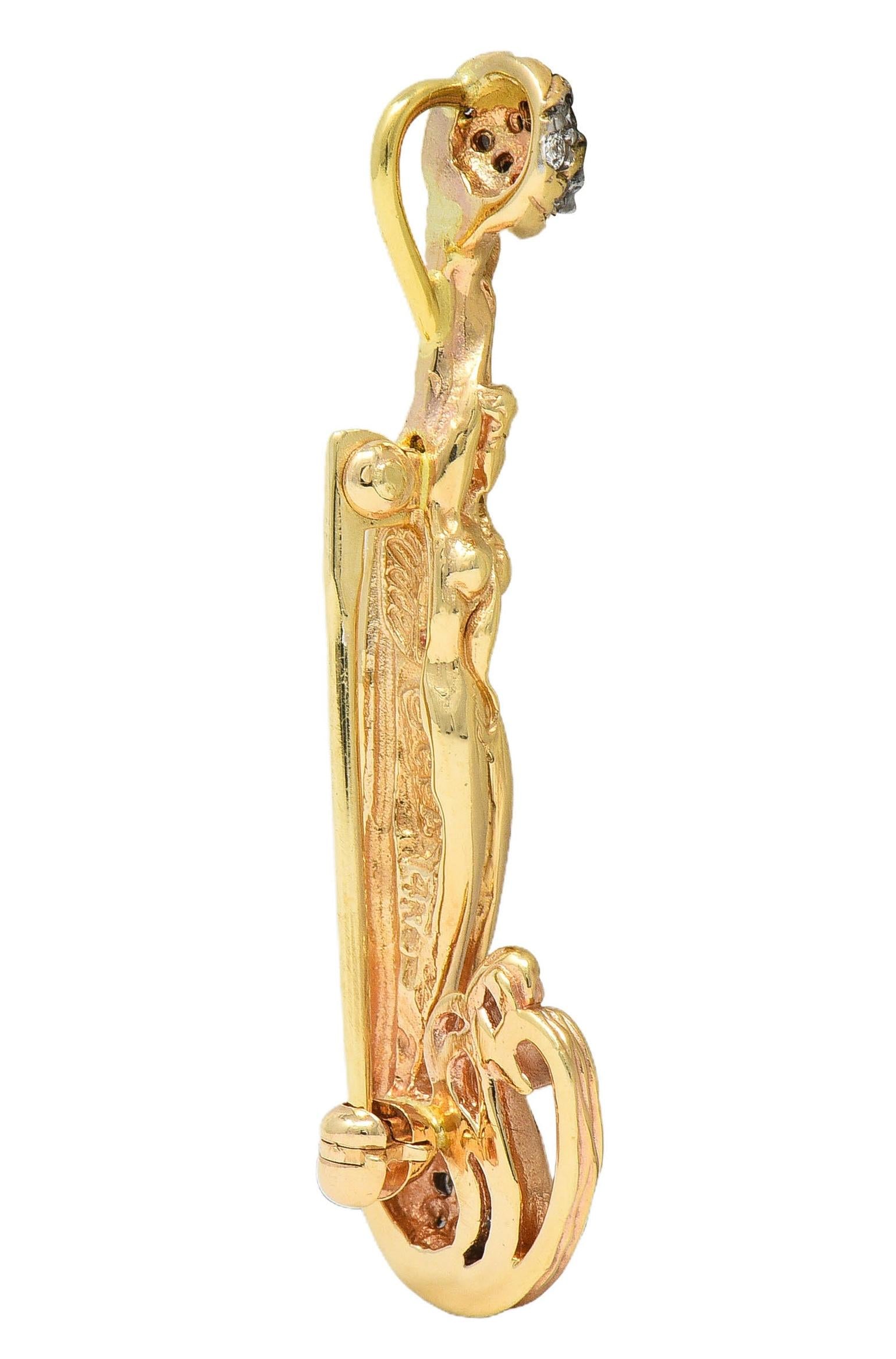 Erté 2002 0.56 CTW Diamond 14K Two-Tone Gold Alphabet J Lady Brooch Necklace