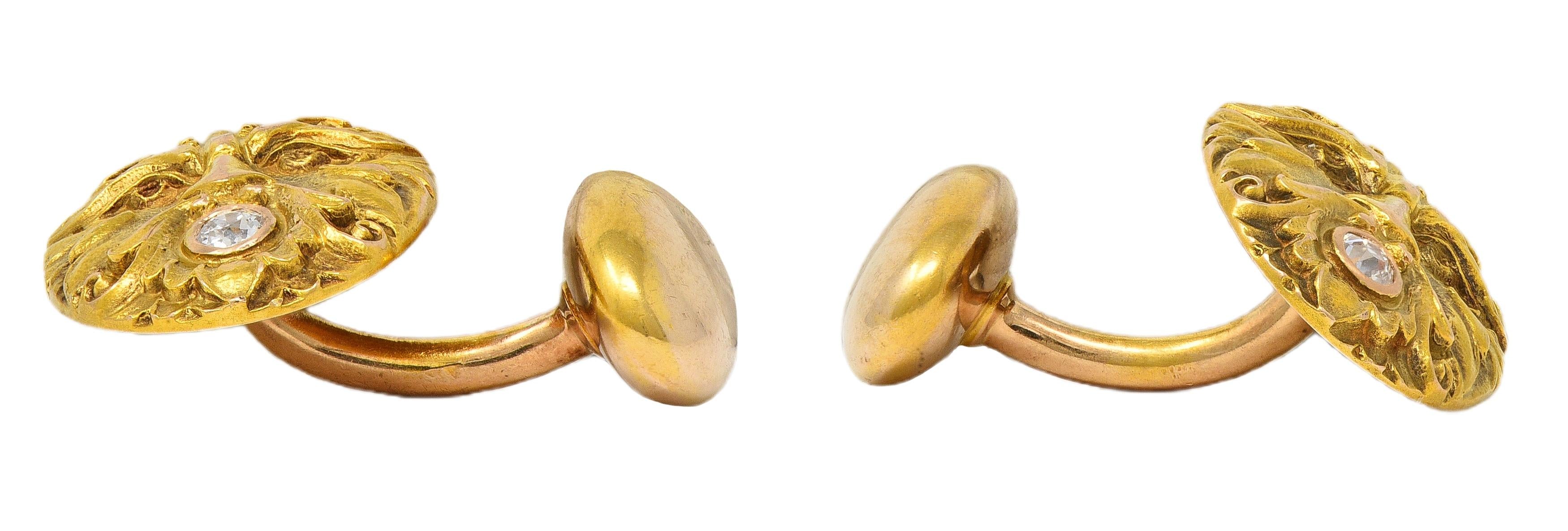 Victorian Diamond 14 Karat Yellow Gold Antique God Of Wind Cufflinks