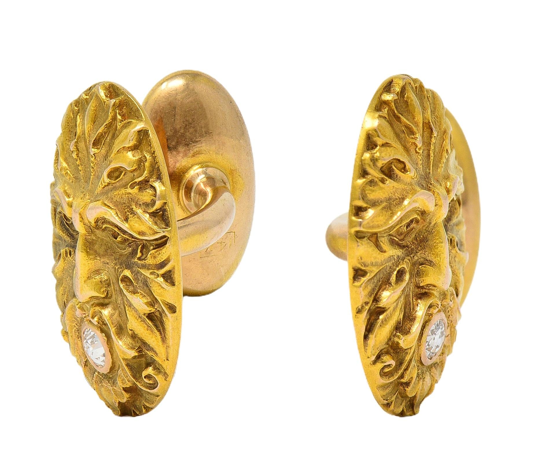 Victorian Diamond 14 Karat Yellow Gold Antique God Of Wind Cufflinks