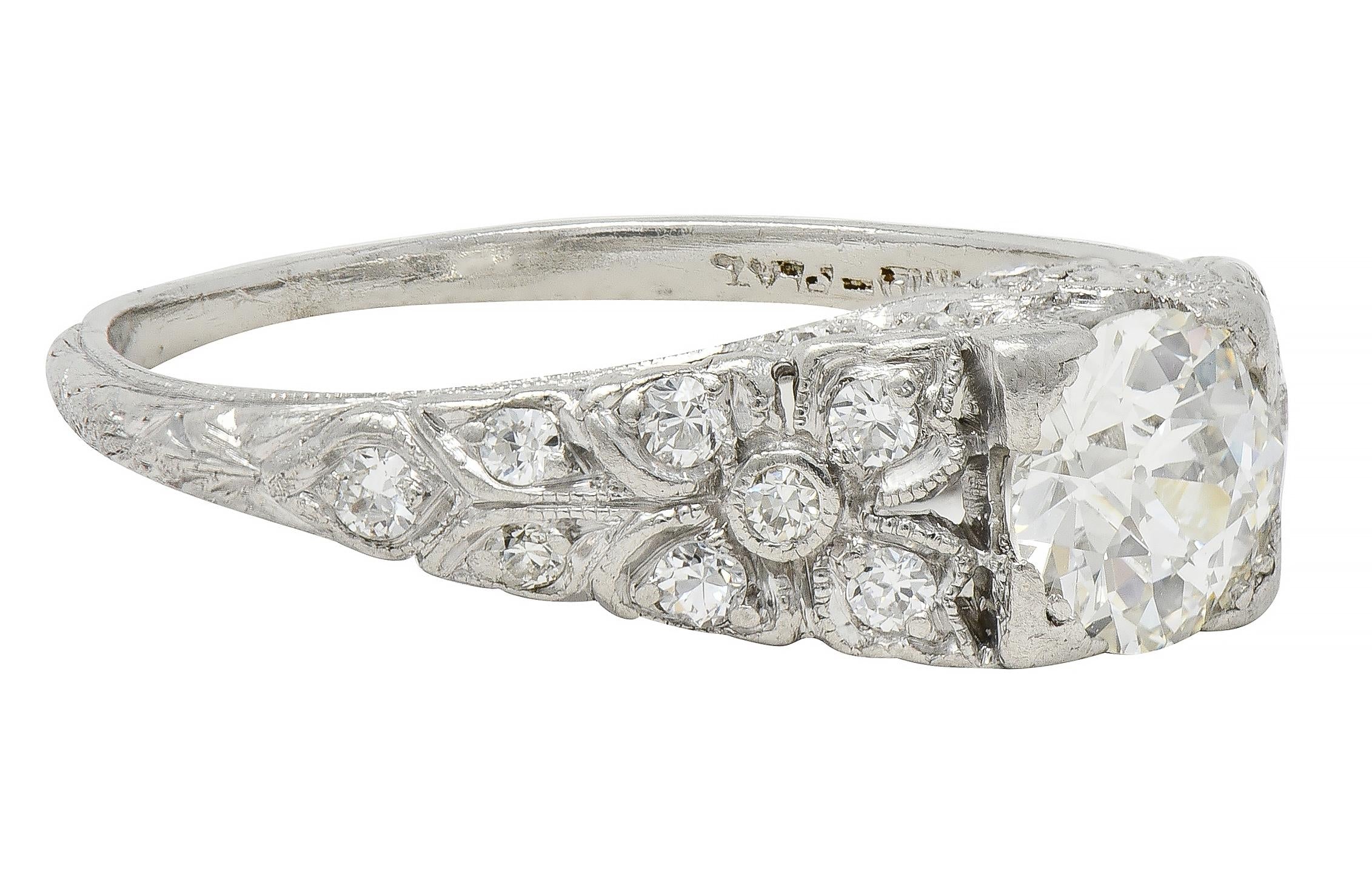 Art Deco 0.95 CTW Old European Diamond Platinum Antique Floral Engagement Ring