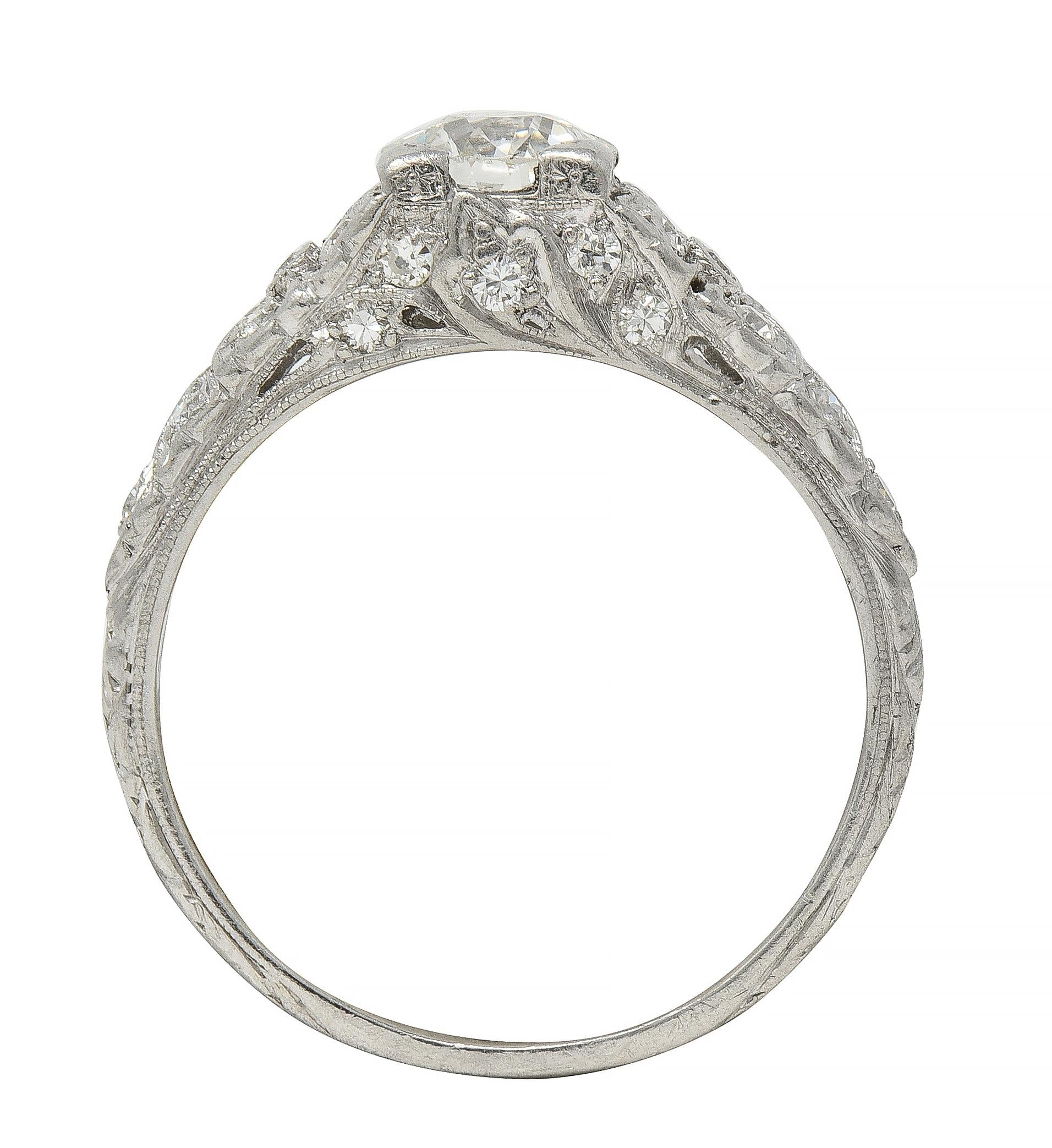 Art Deco 0.95 CTW Old European Diamond Platinum Antique Floral Engagement Ring