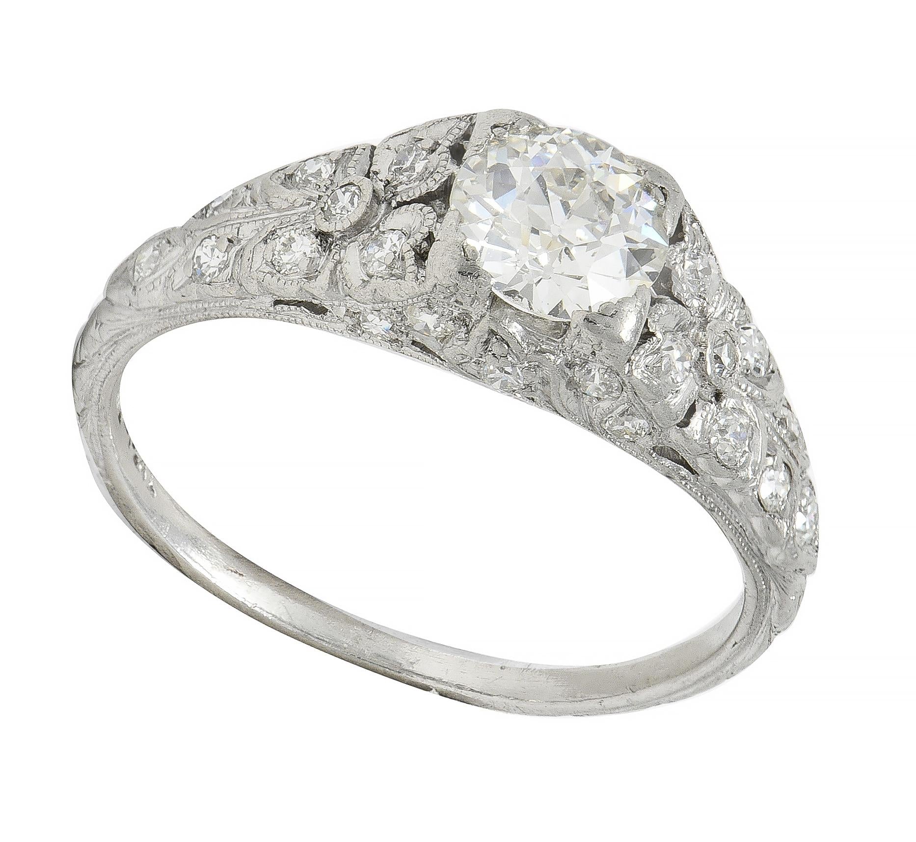 Art Deco 0.95 CTW Old European Diamond Platinum Antique Floral Engagement Ring