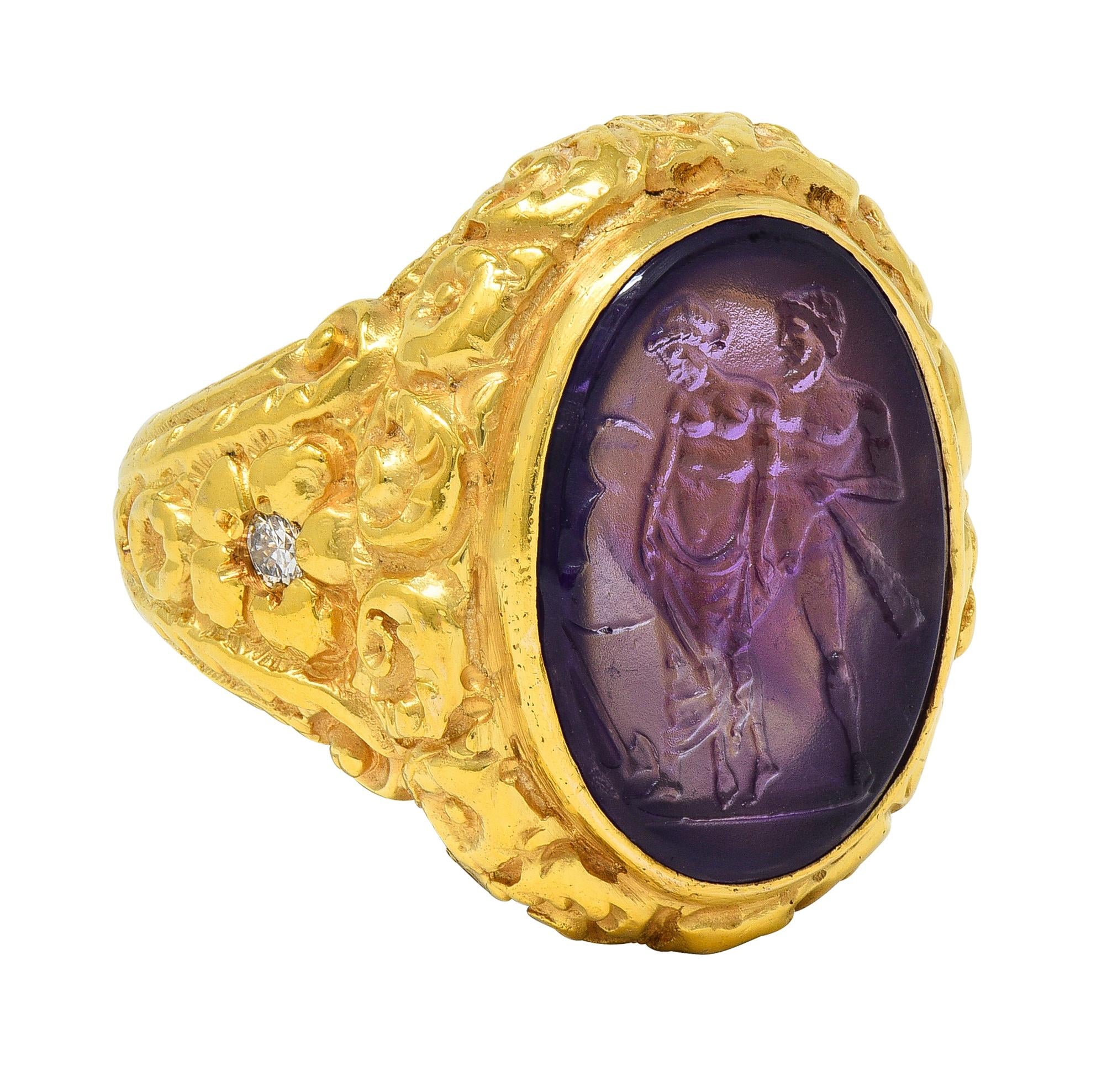 Victorian Amethyst Diamond 14K Gold Antique Greek Unisex Intaglio Signet Ring