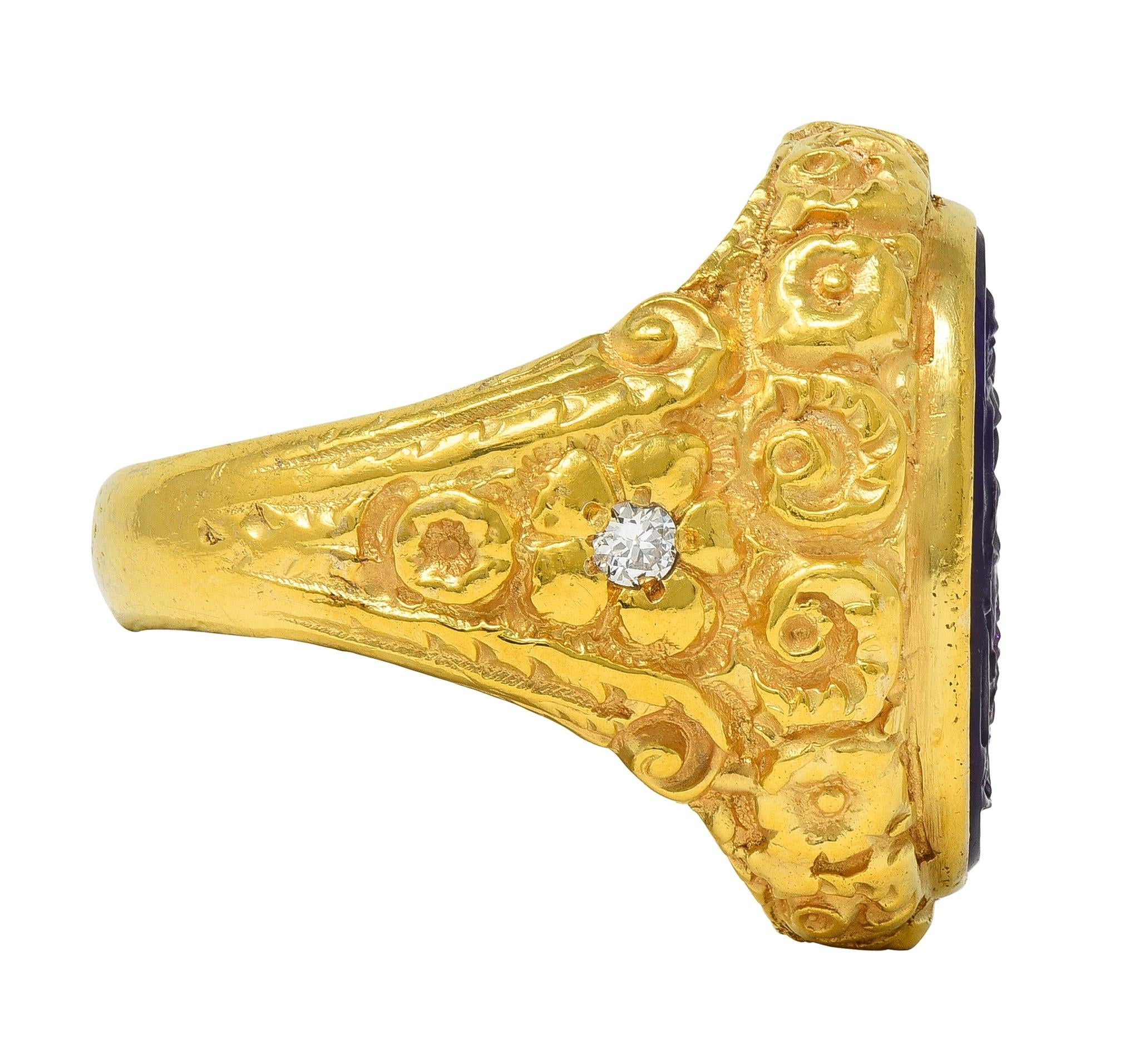 Victorian Amethyst Diamond 14K Gold Antique Greek Unisex Intaglio Signet Ring
