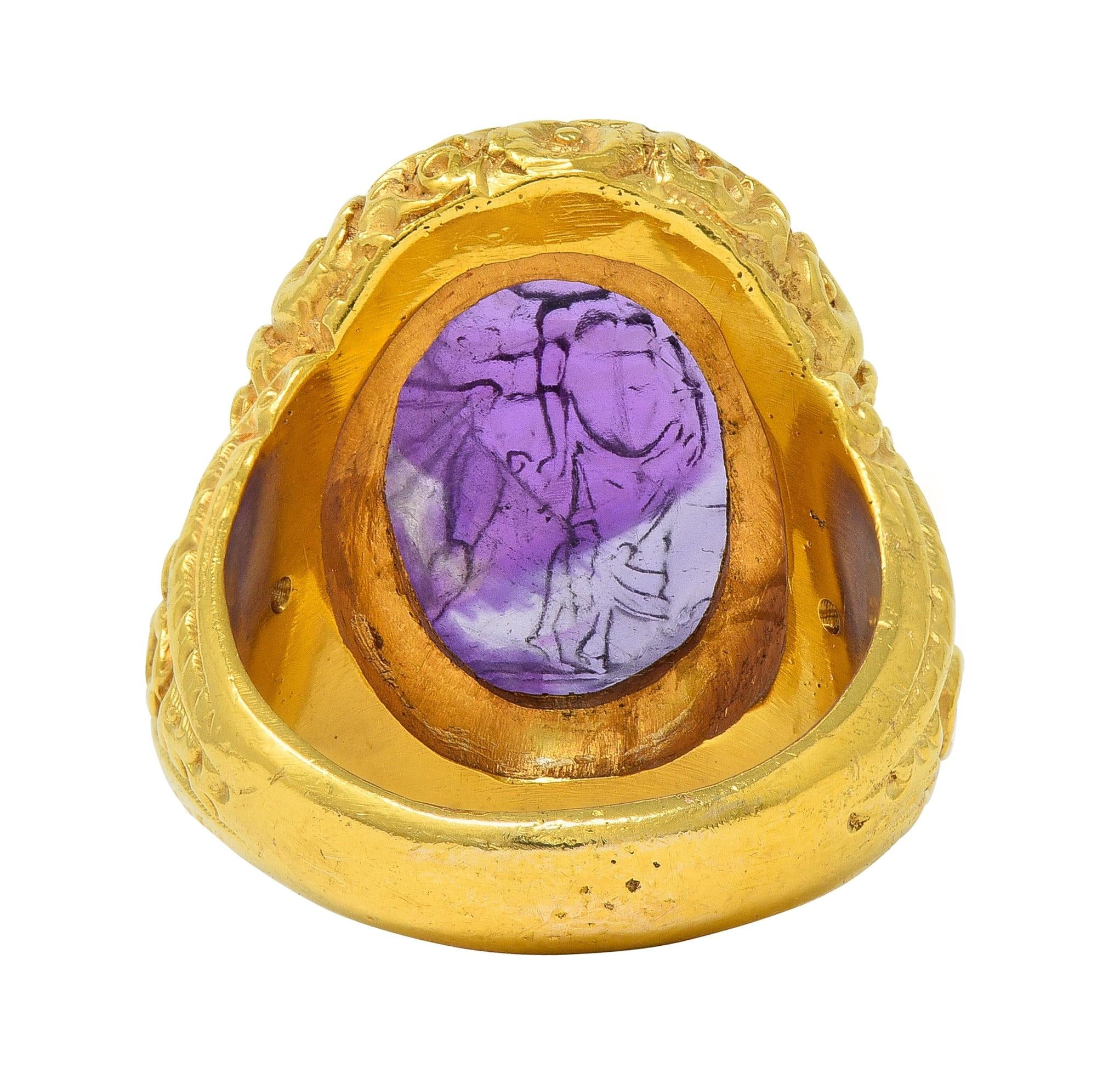 Victorian Amethyst Diamond 14K Gold Antique Greek Unisex Intaglio Signet Ring