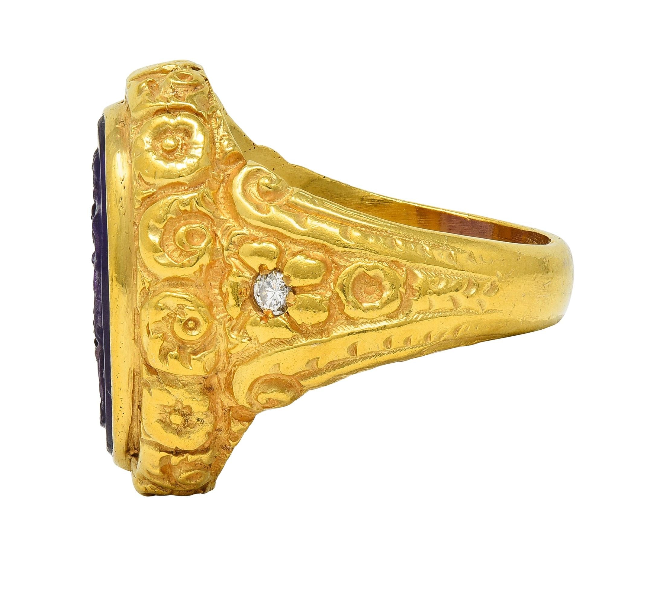 Victorian Amethyst Diamond 14K Gold Antique Greek Unisex Intaglio Signet Ring