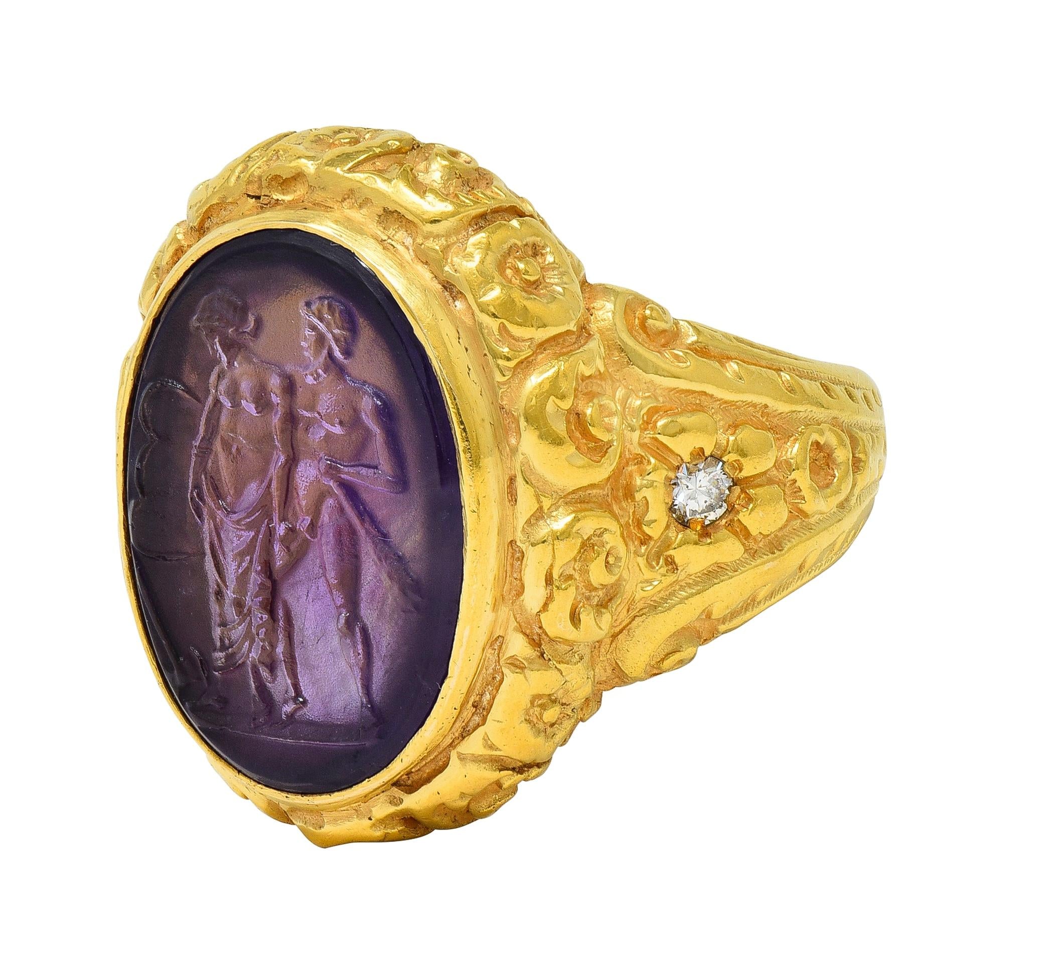 Victorian Amethyst Diamond 14K Gold Antique Greek Unisex Intaglio Signet Ring