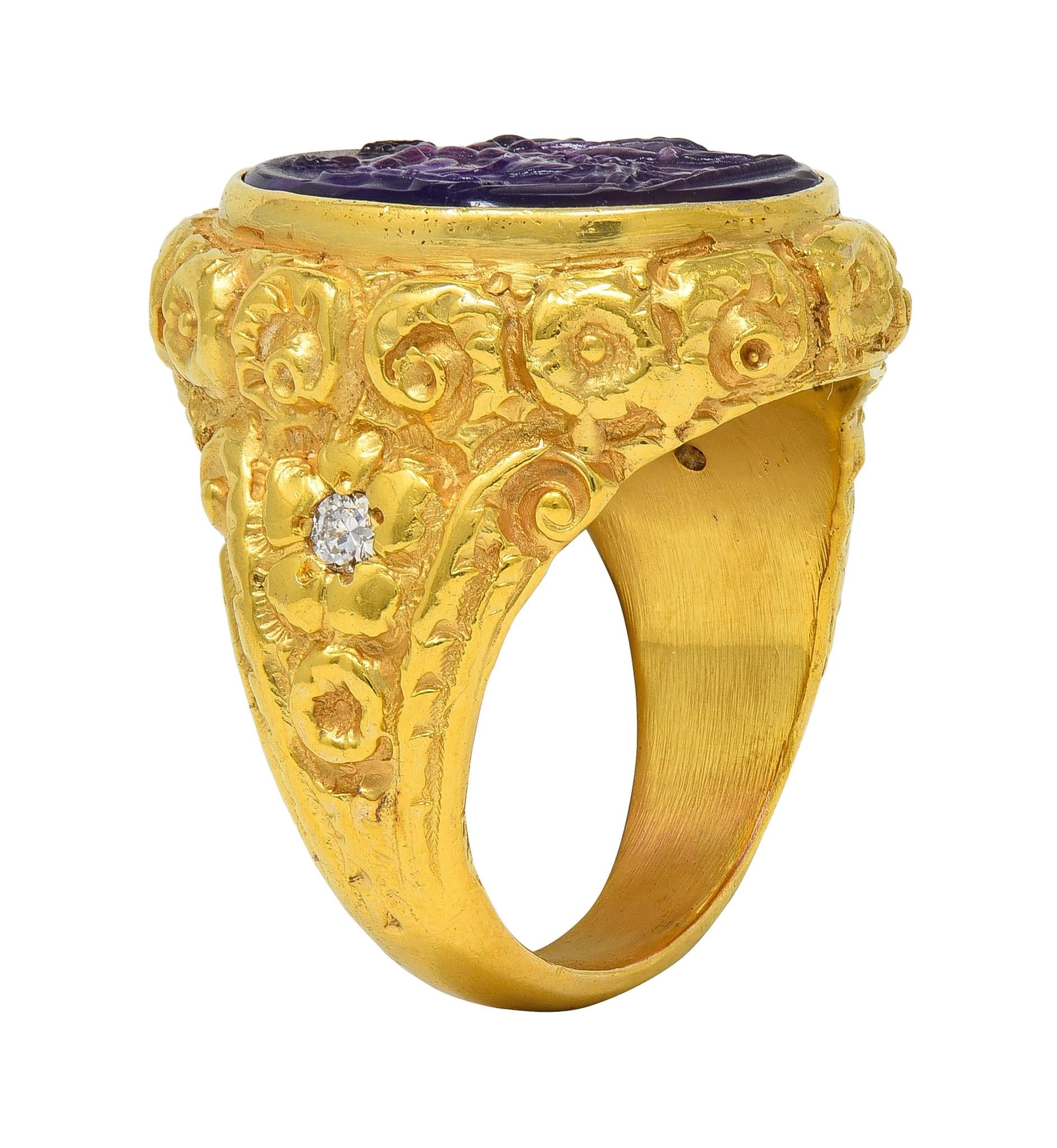 Victorian Amethyst Diamond 14K Gold Antique Greek Unisex Intaglio Signet Ring