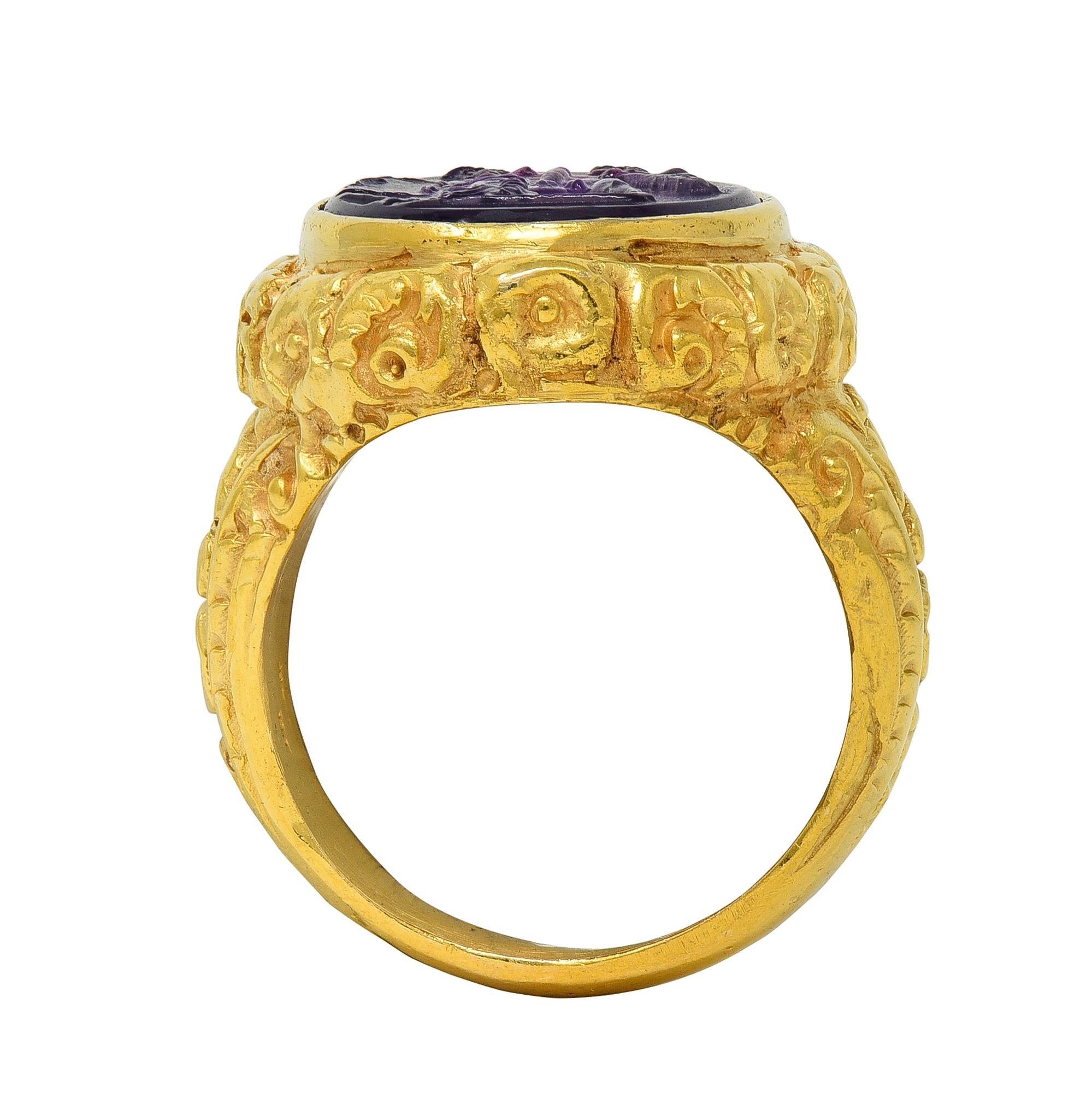 Victorian Amethyst Diamond 14K Gold Antique Greek Unisex Intaglio Signet Ring