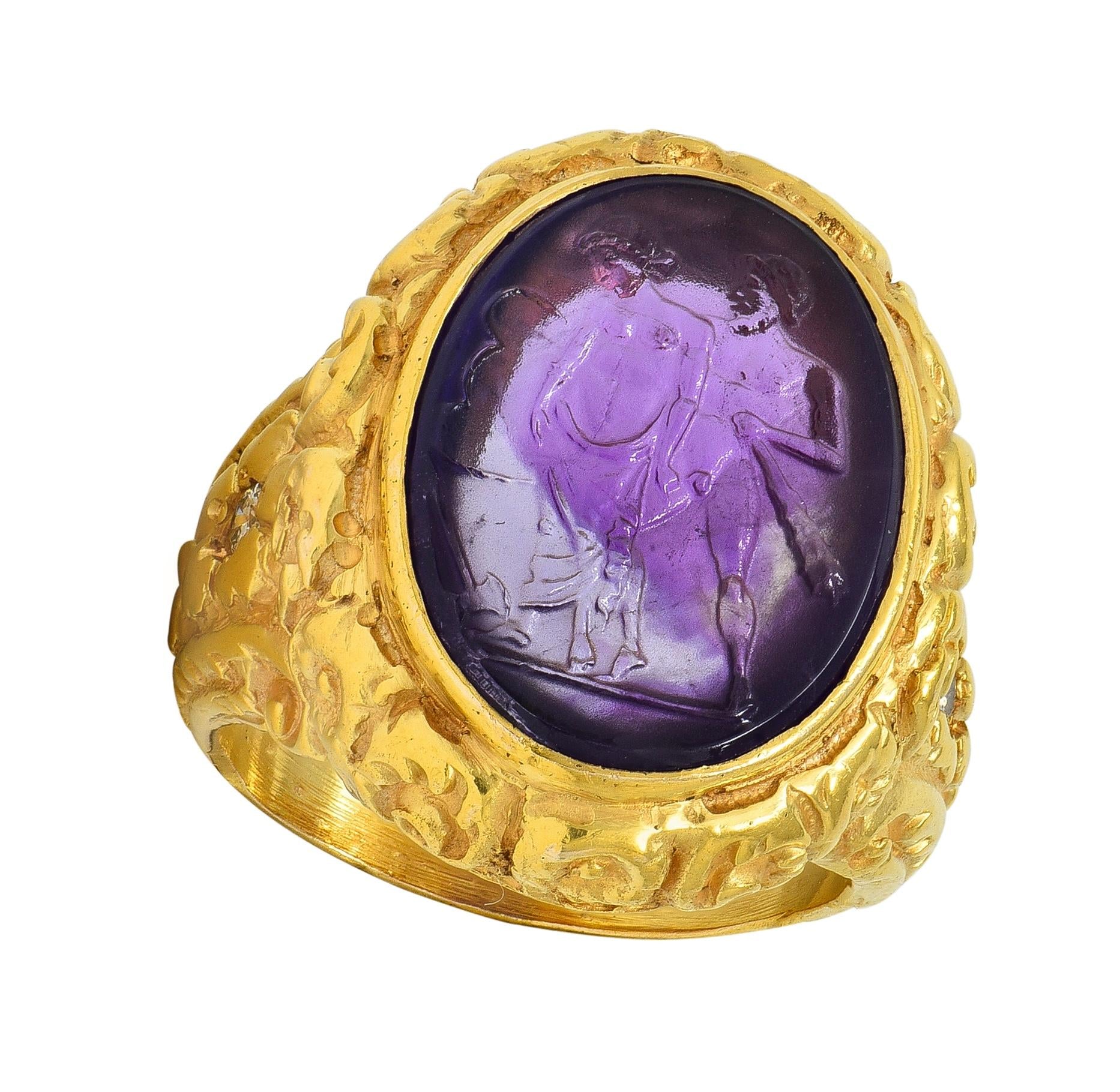 Victorian Amethyst Diamond 14K Gold Antique Greek Unisex Intaglio Signet Ring