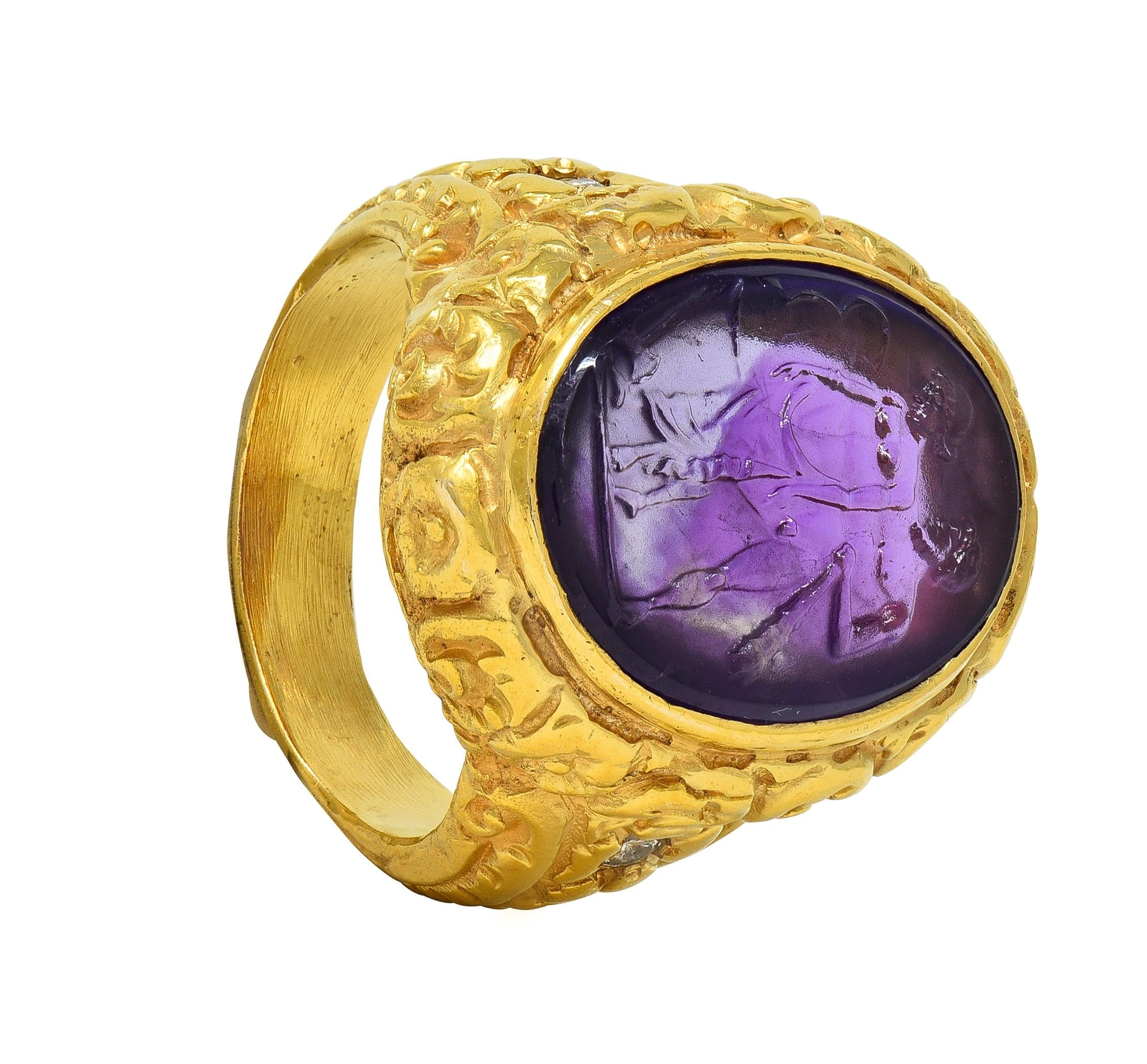 Victorian Amethyst Diamond 14K Gold Antique Greek Unisex Intaglio Signet Ring