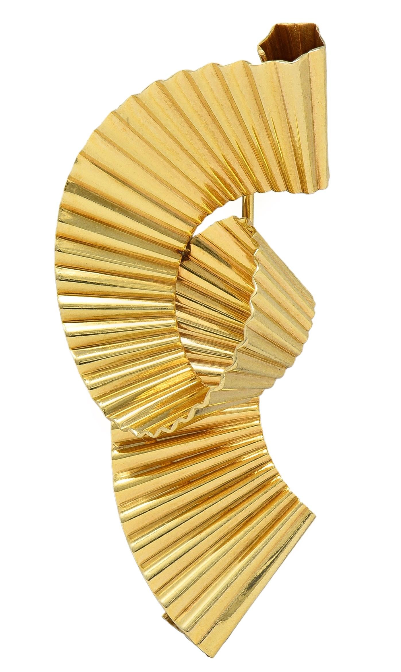 Tiffany & Co. Retro 14 Karat Yellow Gold Scroll Pleated Brooch