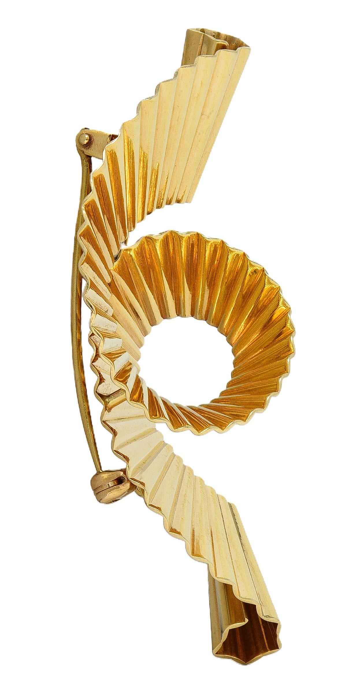 Tiffany & Co. Retro 14 Karat Yellow Gold Scroll Pleated Brooch