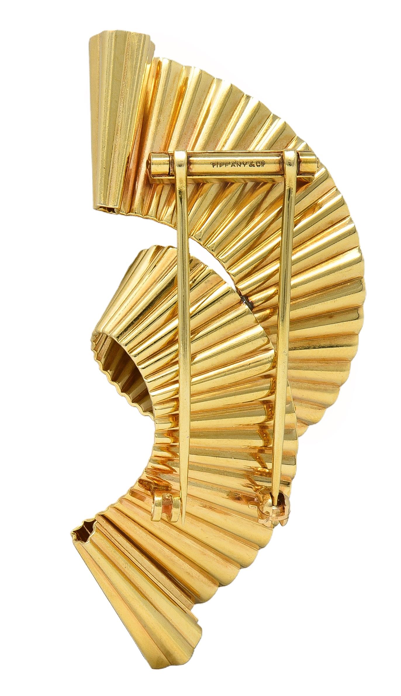 Tiffany & Co. Retro 14 Karat Yellow Gold Scroll Pleated Brooch