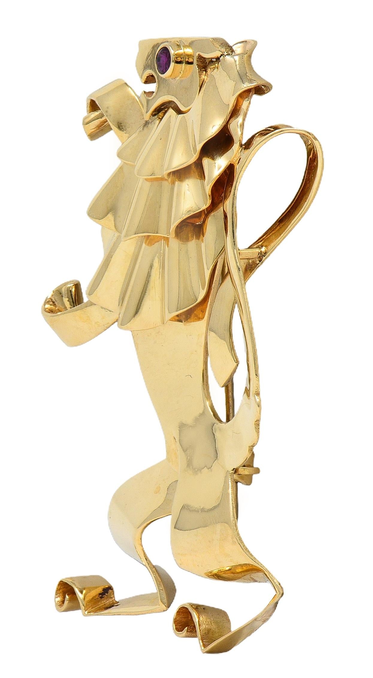 Traebert & Hoffman Mauboussin Retro Ruby 14K Gold Vintage Ruffled Lion Brooch