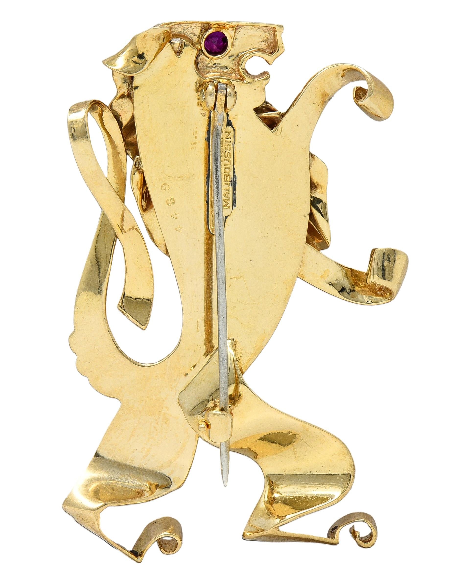 Traebert & Hoffman Mauboussin Retro Ruby 14K Gold Vintage Ruffled Lion Brooch